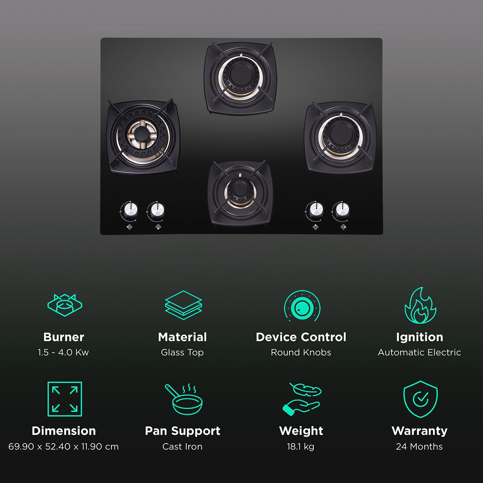 Elica DT FLEXI FB MFC 4B 70 SWIRL Glass Top 4 Burner Automatic Electric Hob (Cast Iron Grid, Black)_3