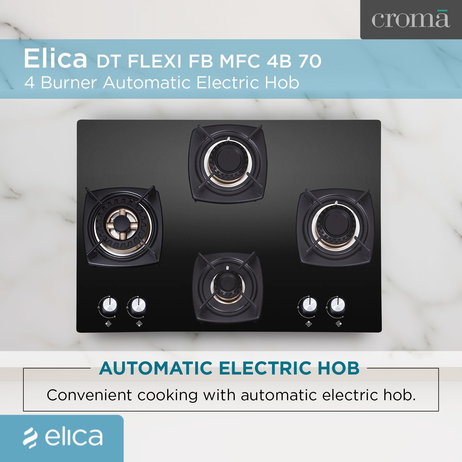 Elica DT FLEXI FB MFC 4B 70 SWIRL Glass Top 4 Burner Automatic Electric Hob (Cast Iron Grid, Black)_6