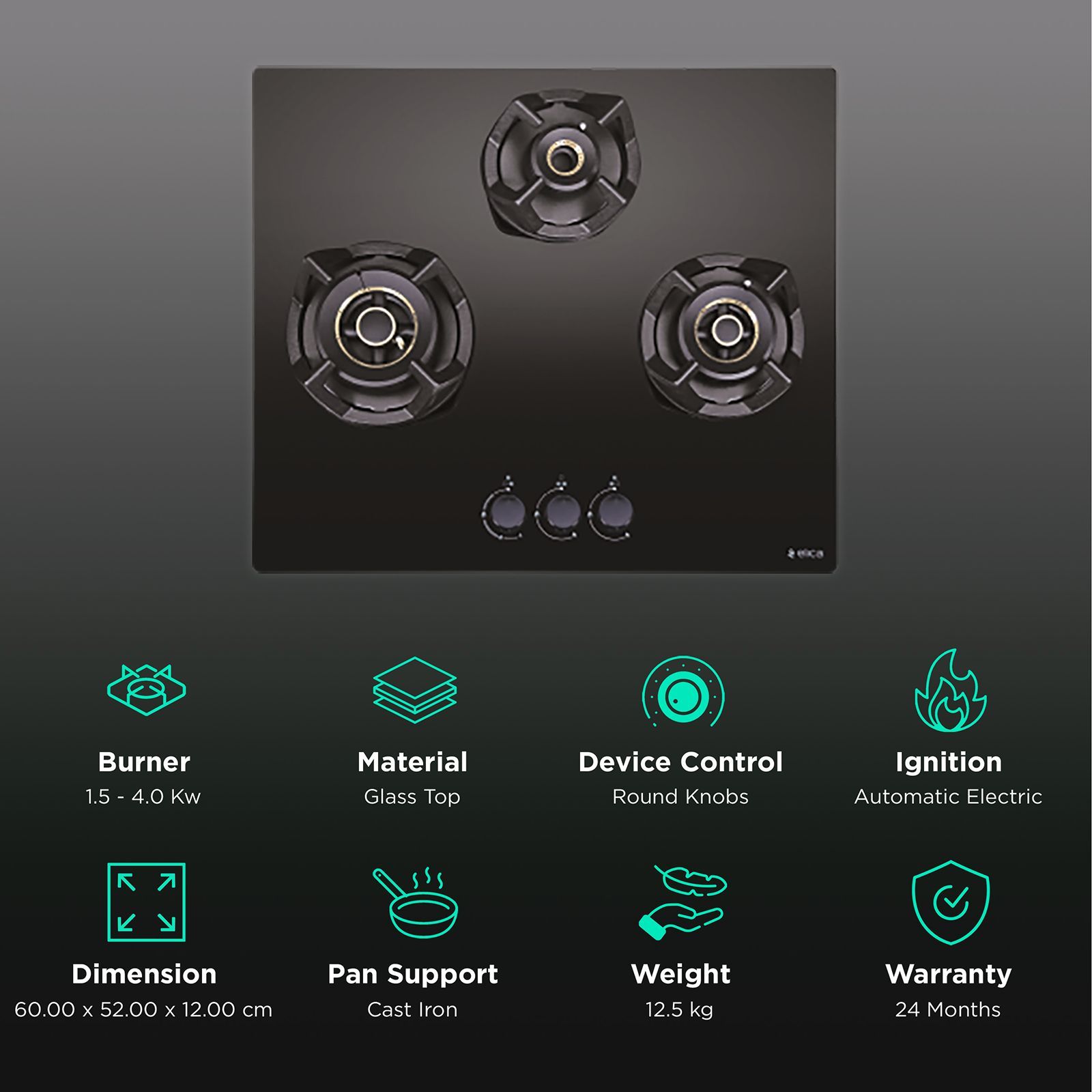 Elica CLASSIC FLEXI AB MFC 3B 60 MT Glass Top 3 Burner Automatic Electric Hob (Cast Iron Grid, Black)_3