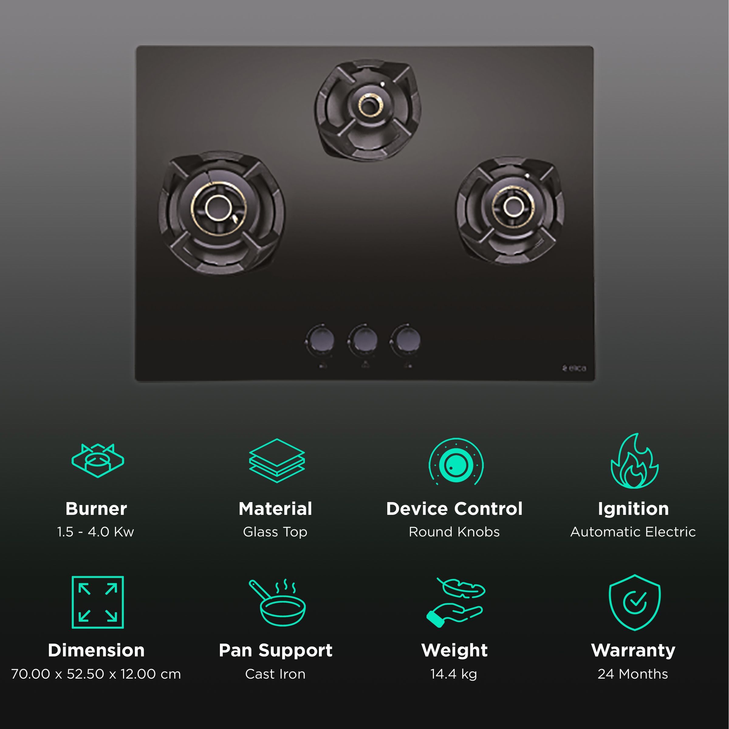 Elica CLASSIC FLEXI AB MFC 3B 70 MT Glass Top 3 Burner Automatic Electric Hob (Cast Iron Grid, Black)_3