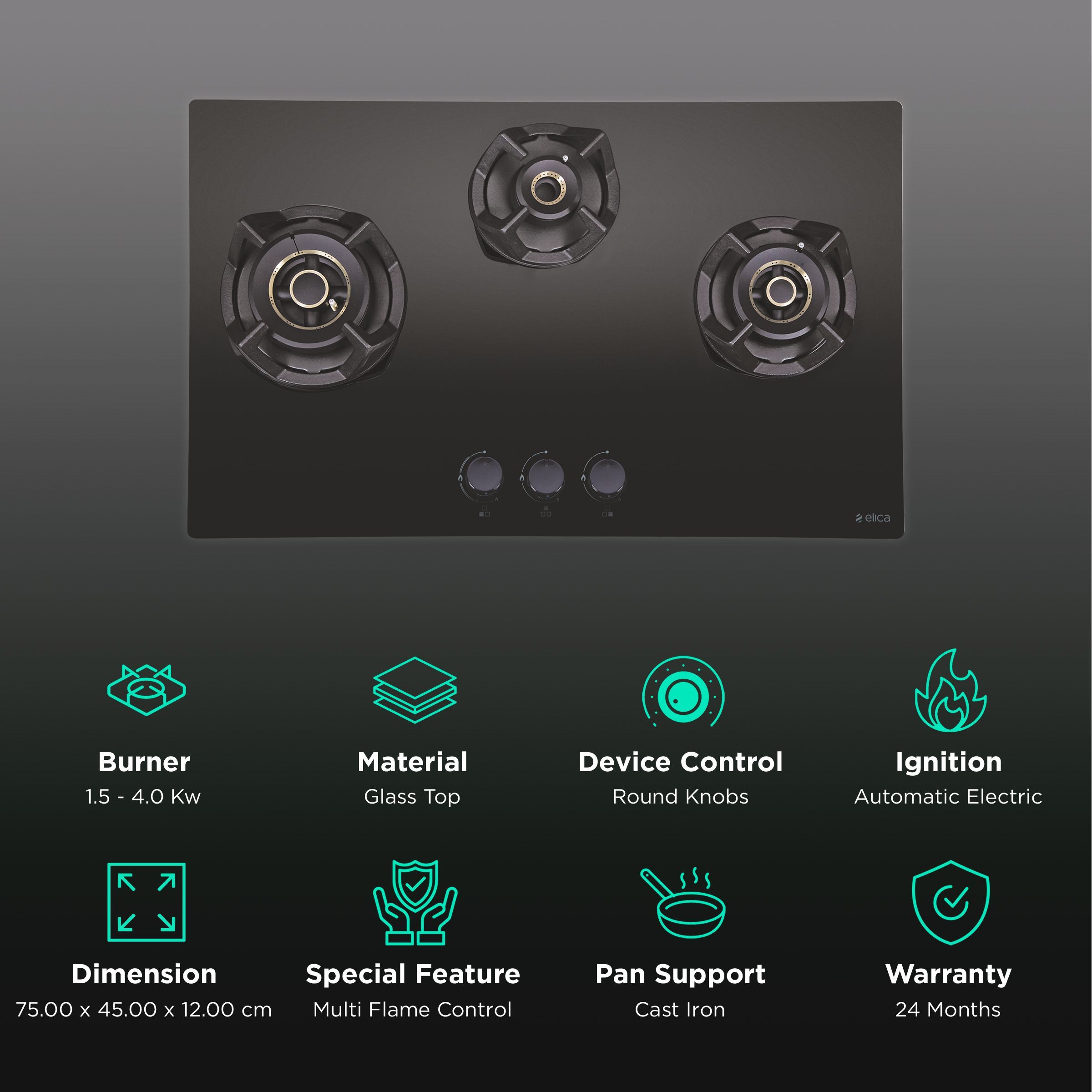Elica CLASSIC FLEXI AB MFC 3B 75 MT Glass Top 3 Burner Automatic Electric Hob (Cast Iron Grid, Black)_3