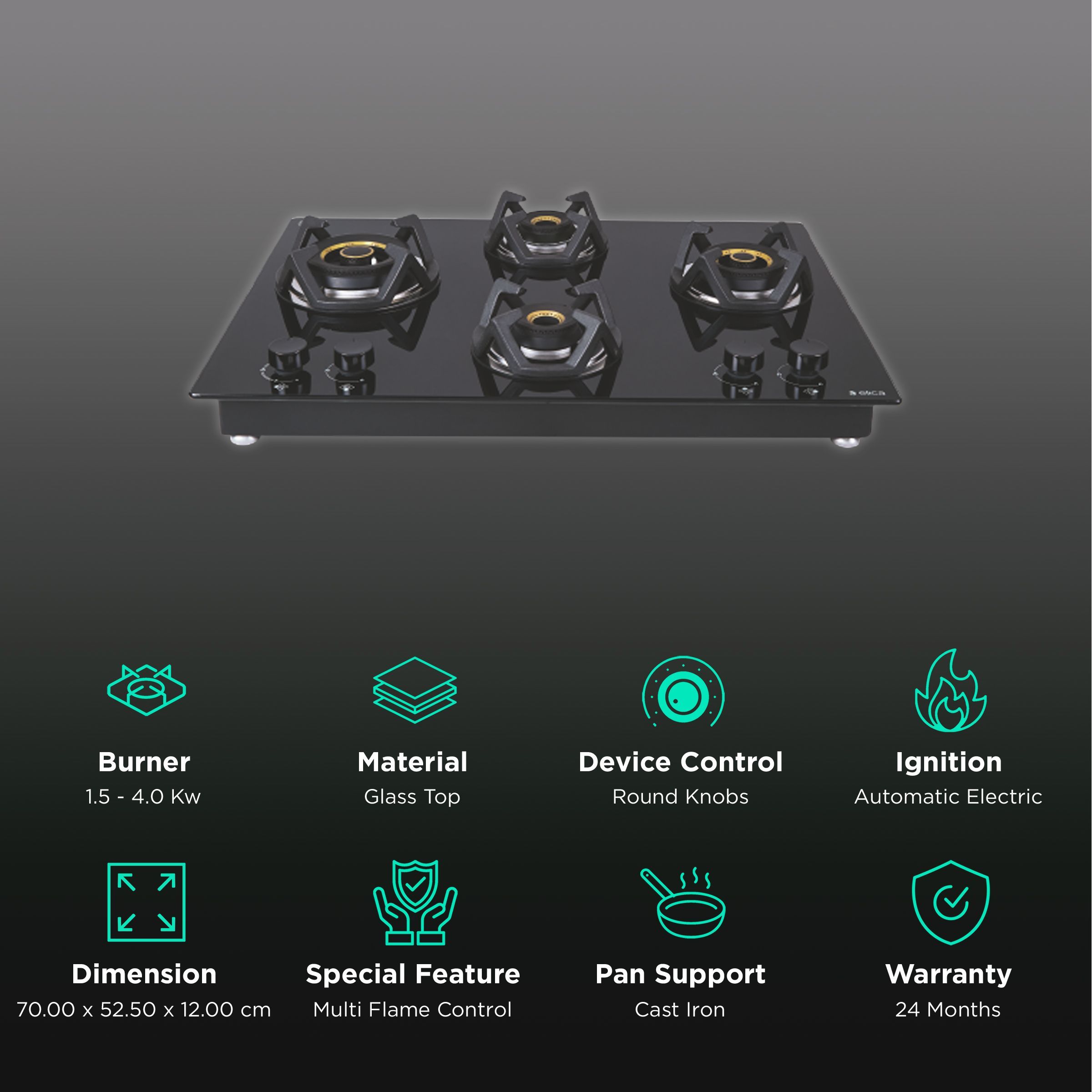 Elica CLASSIC FLEXI AB MFC 4B 70 MT Glass Top 4 Burner Automatic Electric Hob (Cast Iron Grid, Black) Elica CLASSIC FLEXI AB MFC 4B 70 MT Glass Top 4 Burner Automatic Electric Hob (Cast Iron Grid, Black)_3