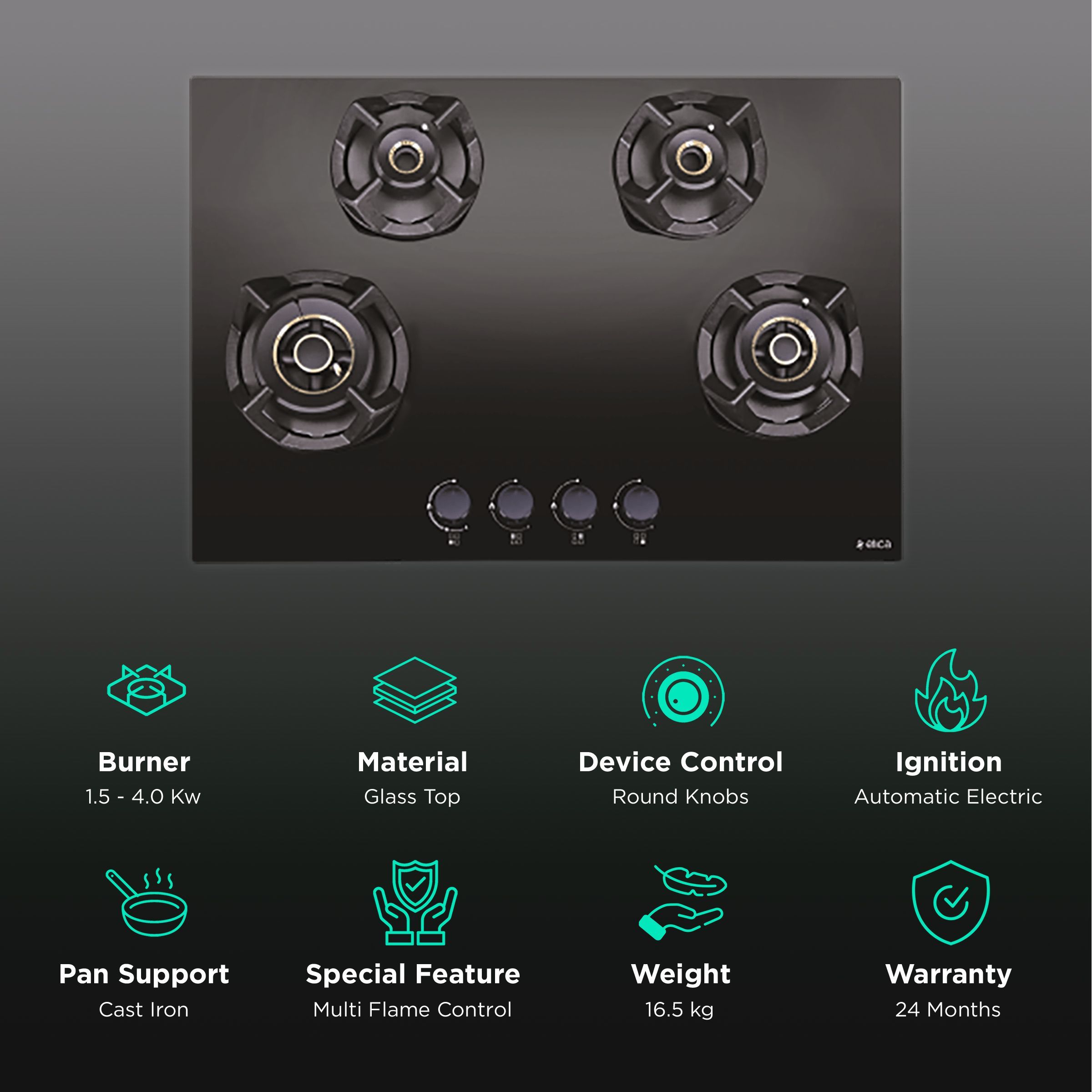 Elica CLASSIC FLEXI AB MFC 4B 75 MT Glass Top 4 Burner Automatic Electric Hob (Cast Iron Grid, Black)_3