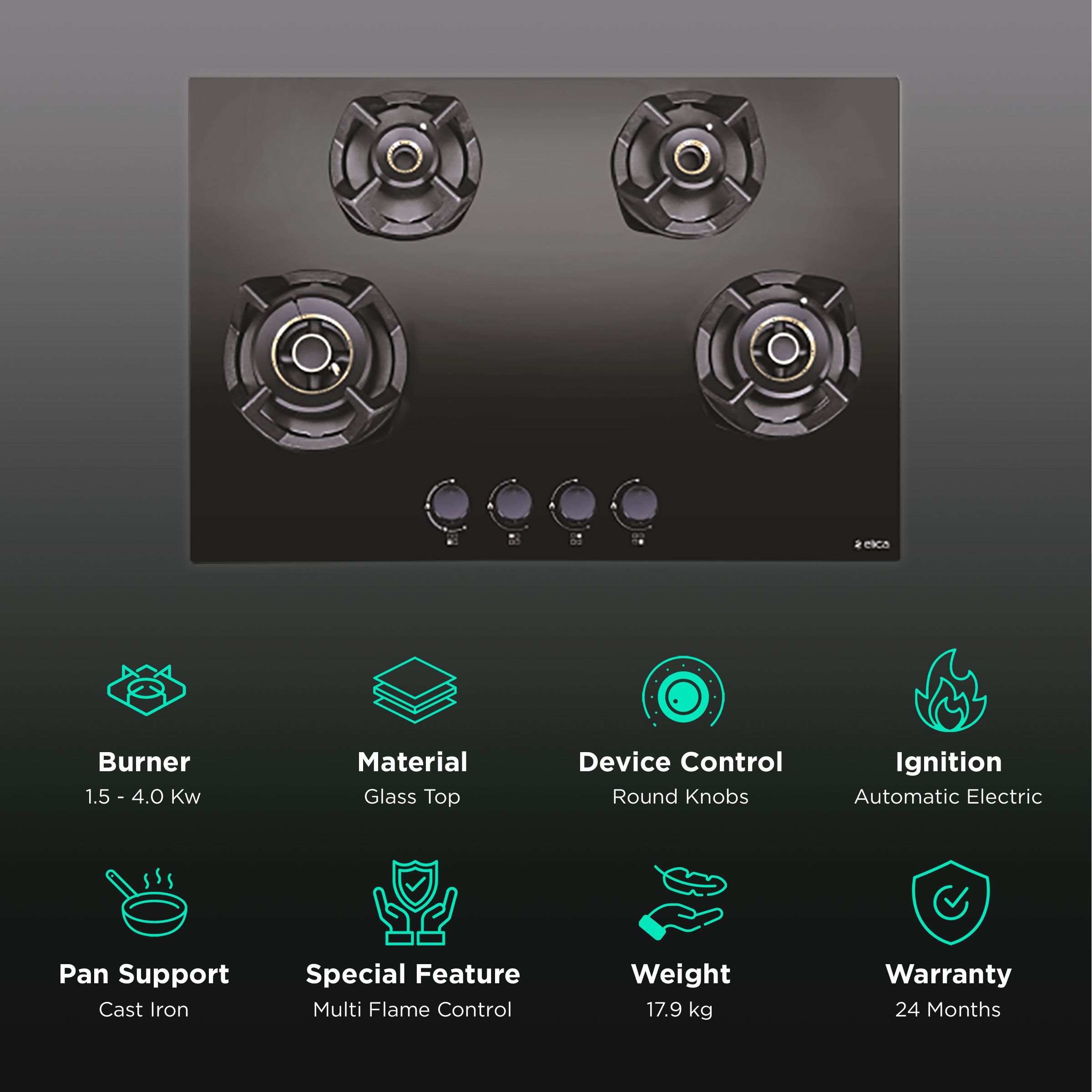 Elica CLASSIC FLEXI AB MFC 4B 90 R MT Glass Top 4 Burner Automatic Electric Hob (Cast Iron Grid, Black)_3