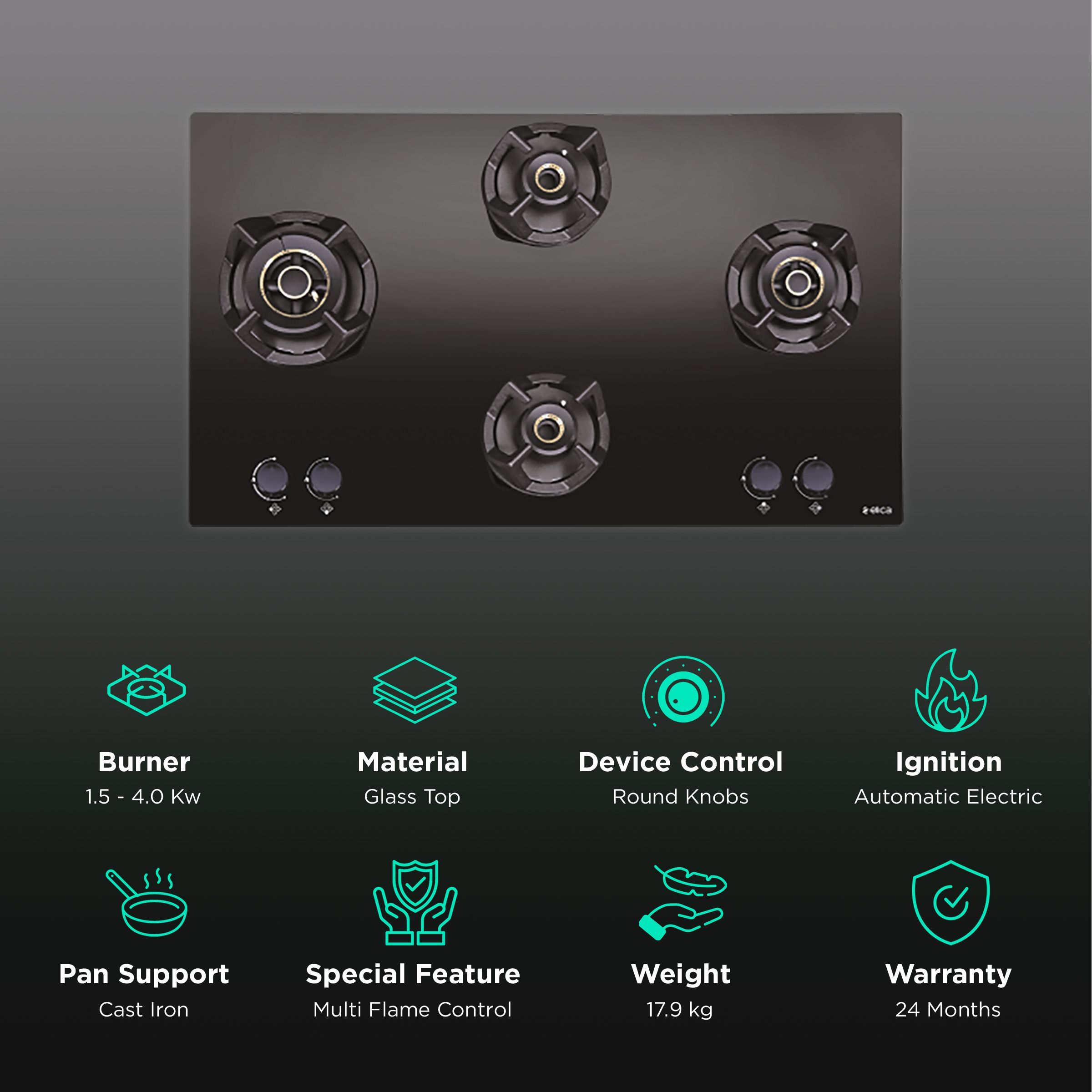 Elica CLASSIC FLEXI AB MFC 4B 91 MT Glass Top 4 Burner Automatic Electric Hob (Cast Iron Grid, Black) Elica CLASSIC FLEXI AB MFC 4B 91 MT Glass Top 4 Burner Automatic Electric Hob (Cast Iron Grid, Black)_3