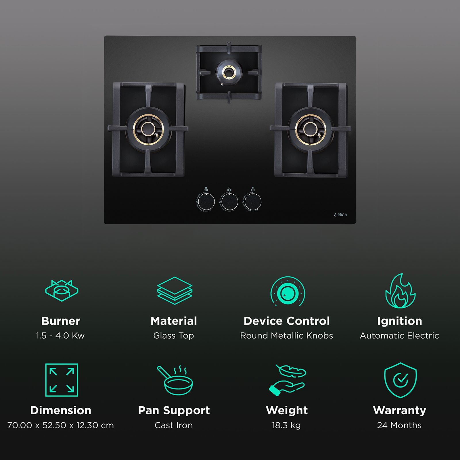 Elica PRO AB MFC 3B 70 DX Glass Top 3 Burner Automatic Electric Hob (Round Metallic Knob, Black)_3