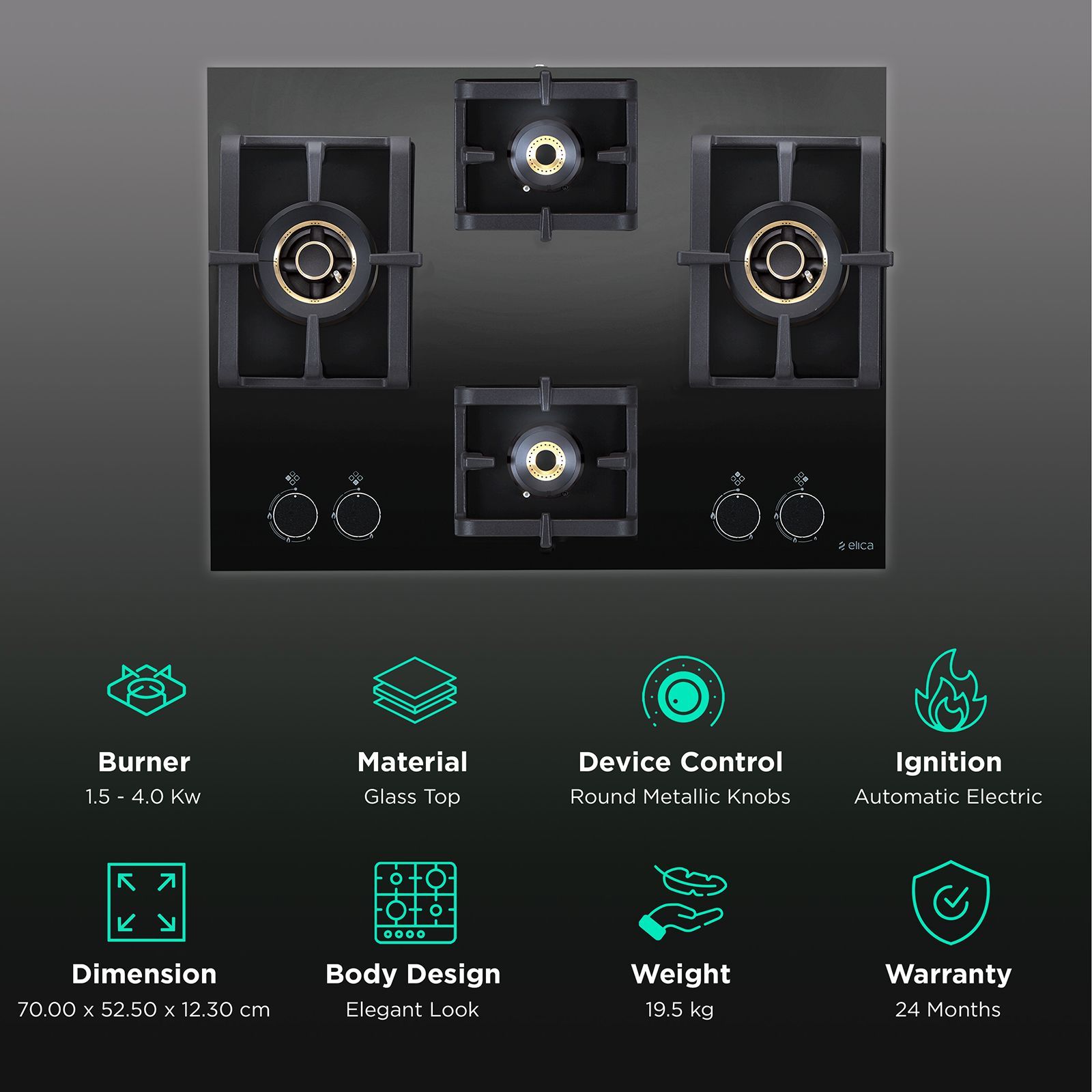 Elica PRO AB MFC 4B 70 DX Glass Top 4 Burner Automatic Electric Hob (Round Metallic Knob, Black)_3
