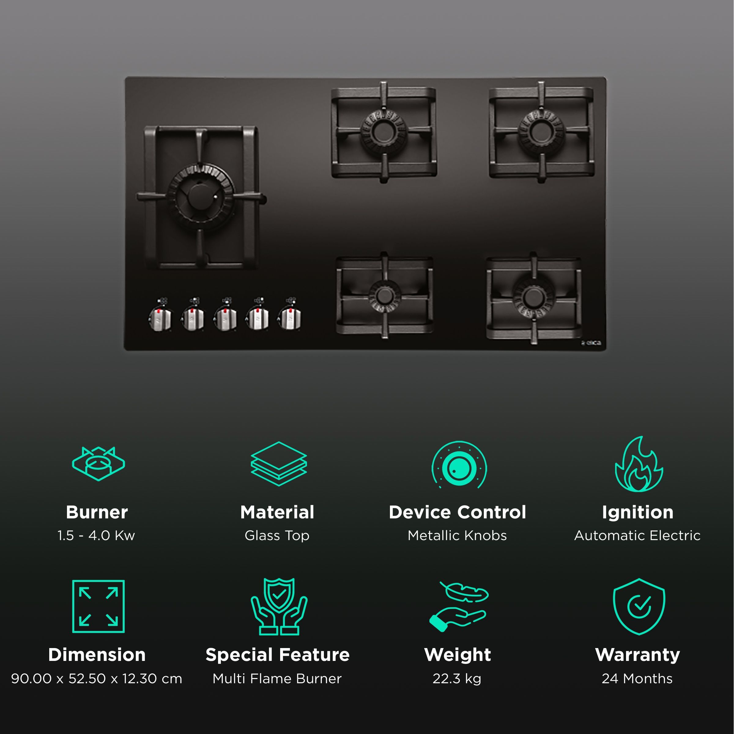 Elica PRO MFC 5B 91 SWIRL Glass Top 5 Burner Automatic Electric Hob (Metallic Knob, Black)_3