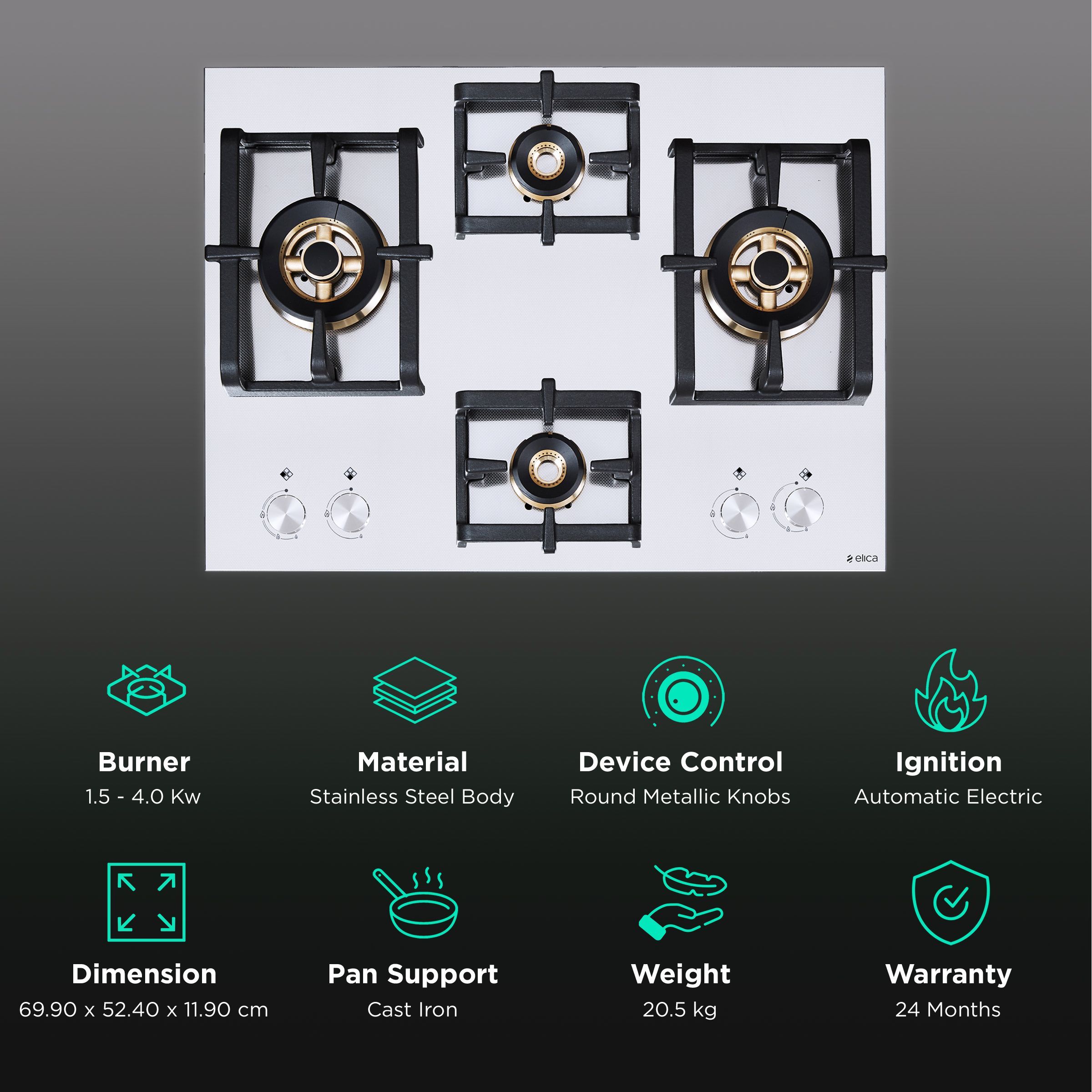 Elica INOX PRO FB MFC 4B 70 DX 4 Burner Automatic Electric Hob (Round Metallic Knob, Stainless Steel)_3