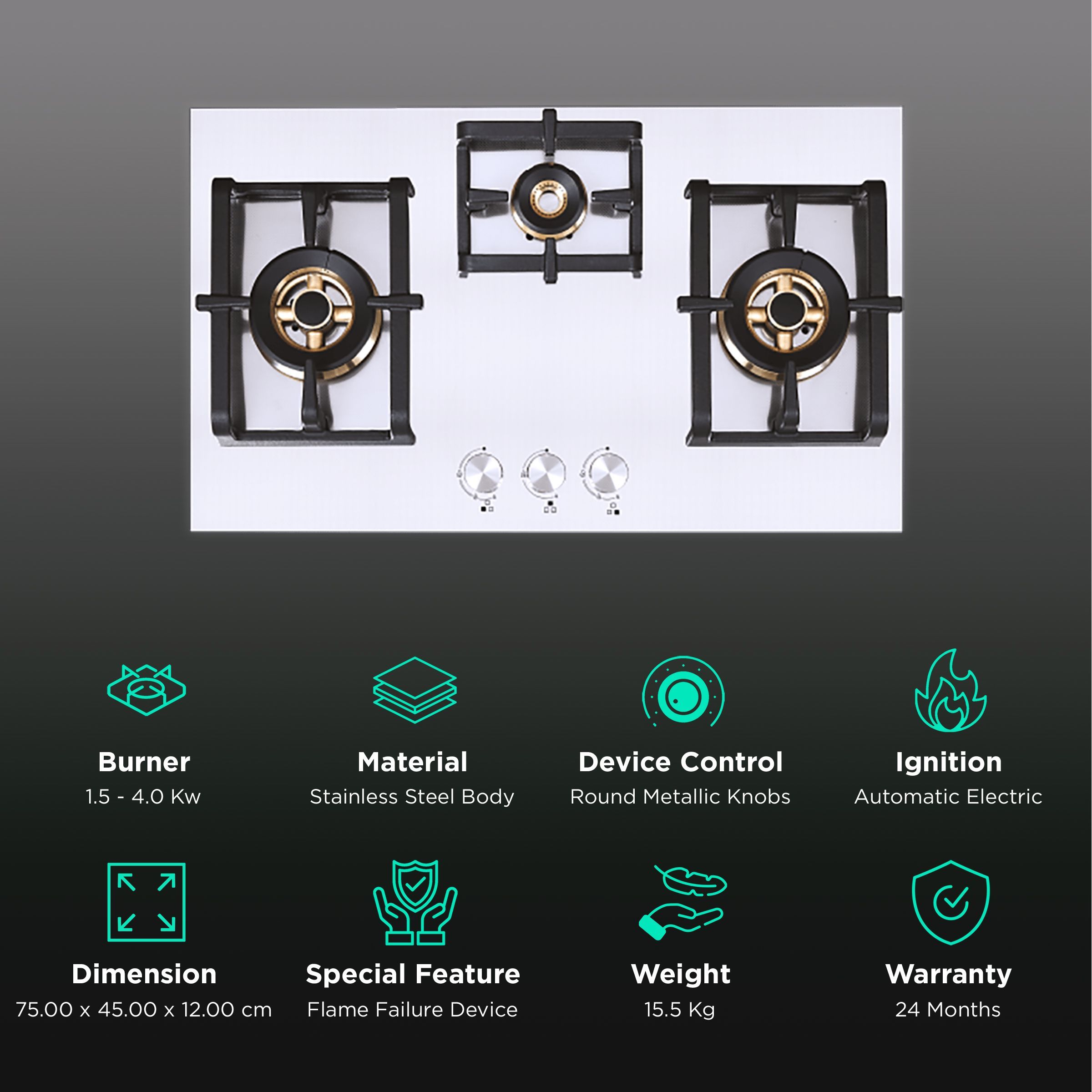 Elica INOX PRO FB MFC 3B 75 DX FFD 3 Burner Automatic Electric Hob (Round Metallic Knob, Stainless Steel) Elica INOX PRO FB MFC 3B 75 DX FFD 3 Burner Automatic Electric Hob (Round Metallic Knob, Stainless Steel)_3