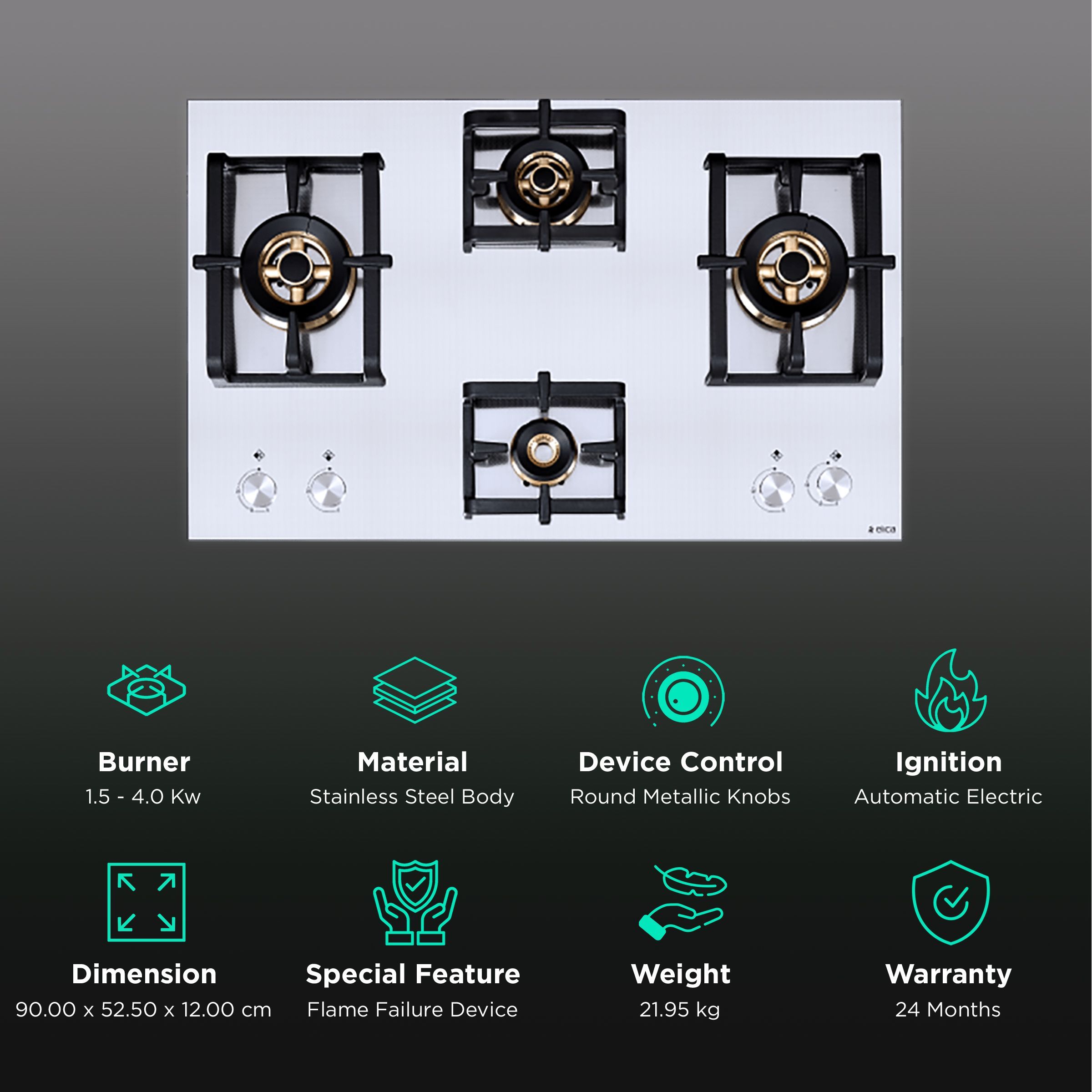 Elica INOX PRO FB MFC 4B 91 DX FFD 4 Burner Automatic Electric Hob (Round Metallic Knob, Stainless Steel)_3