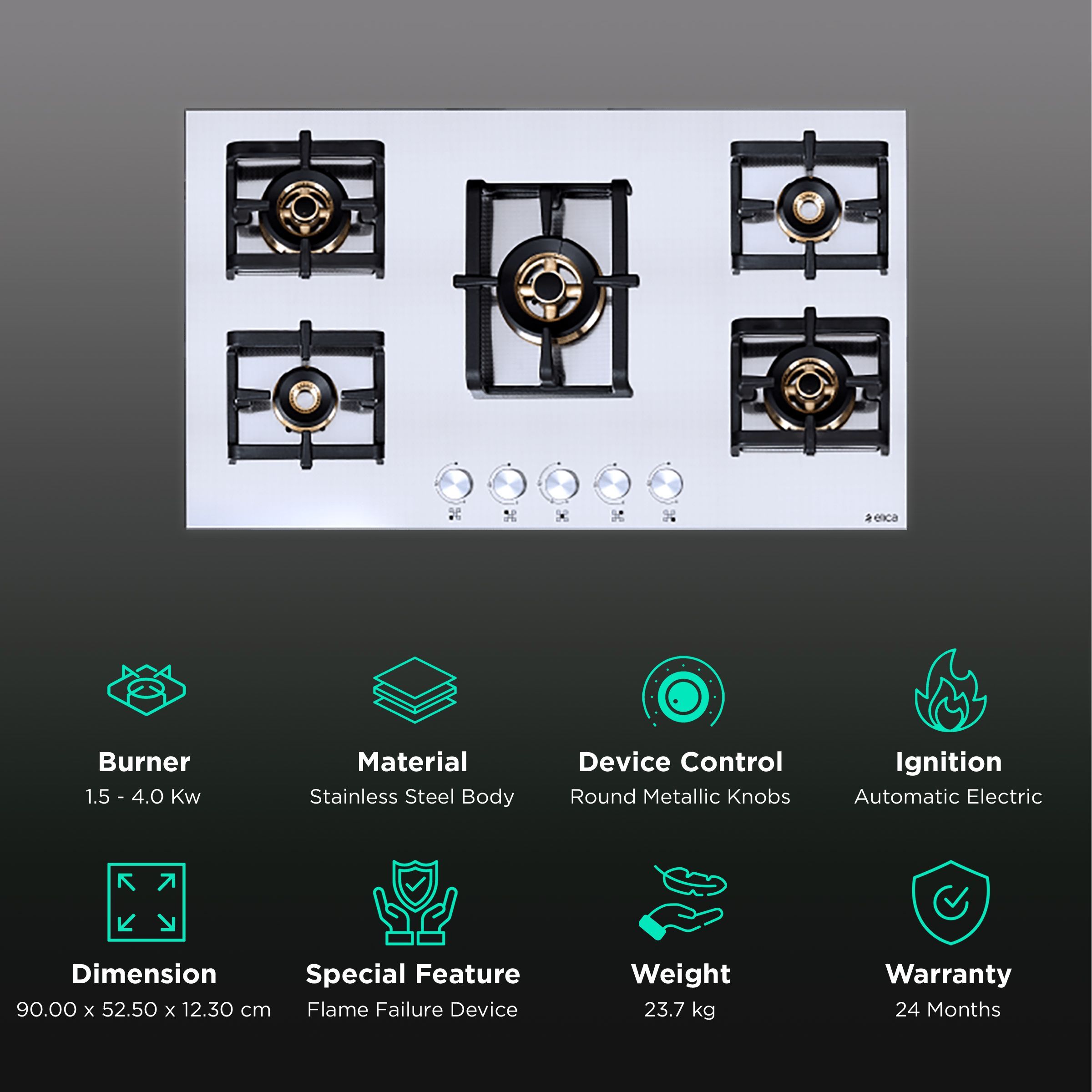 Elica INOX PRO FB MFC 5B 90 MT FFD 5 Burner Automatic Electric Hob (Round Metallic Knob, Stainless Steel)_3