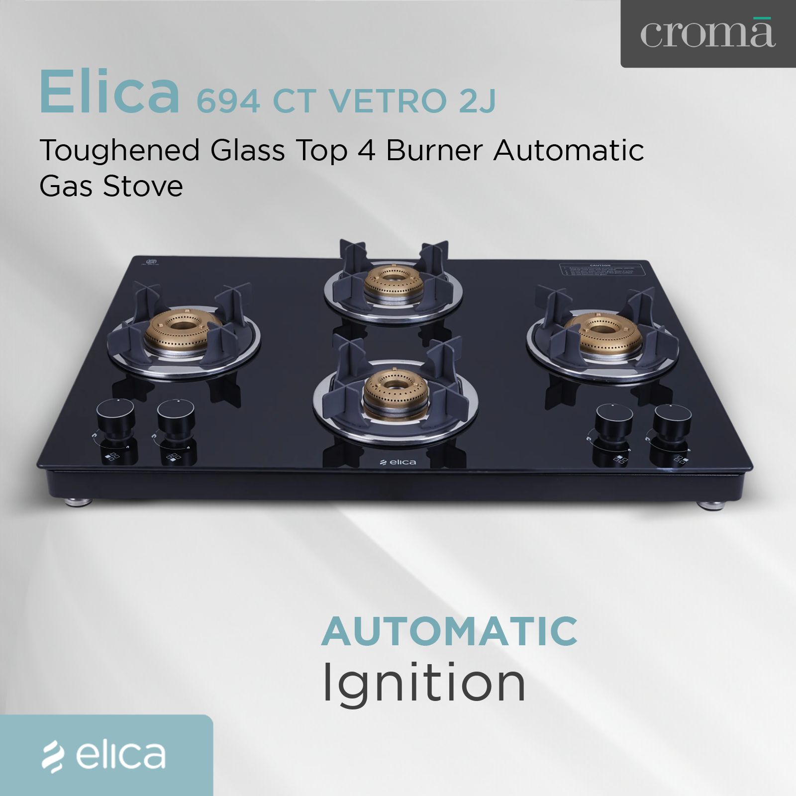 Elica 694 CT VETRO 2J (TKN CROWN DT SERIES) Toughened Glass Top 4 Burner Automatic Gas Stove (Ultra Slim Frame, Black)_10