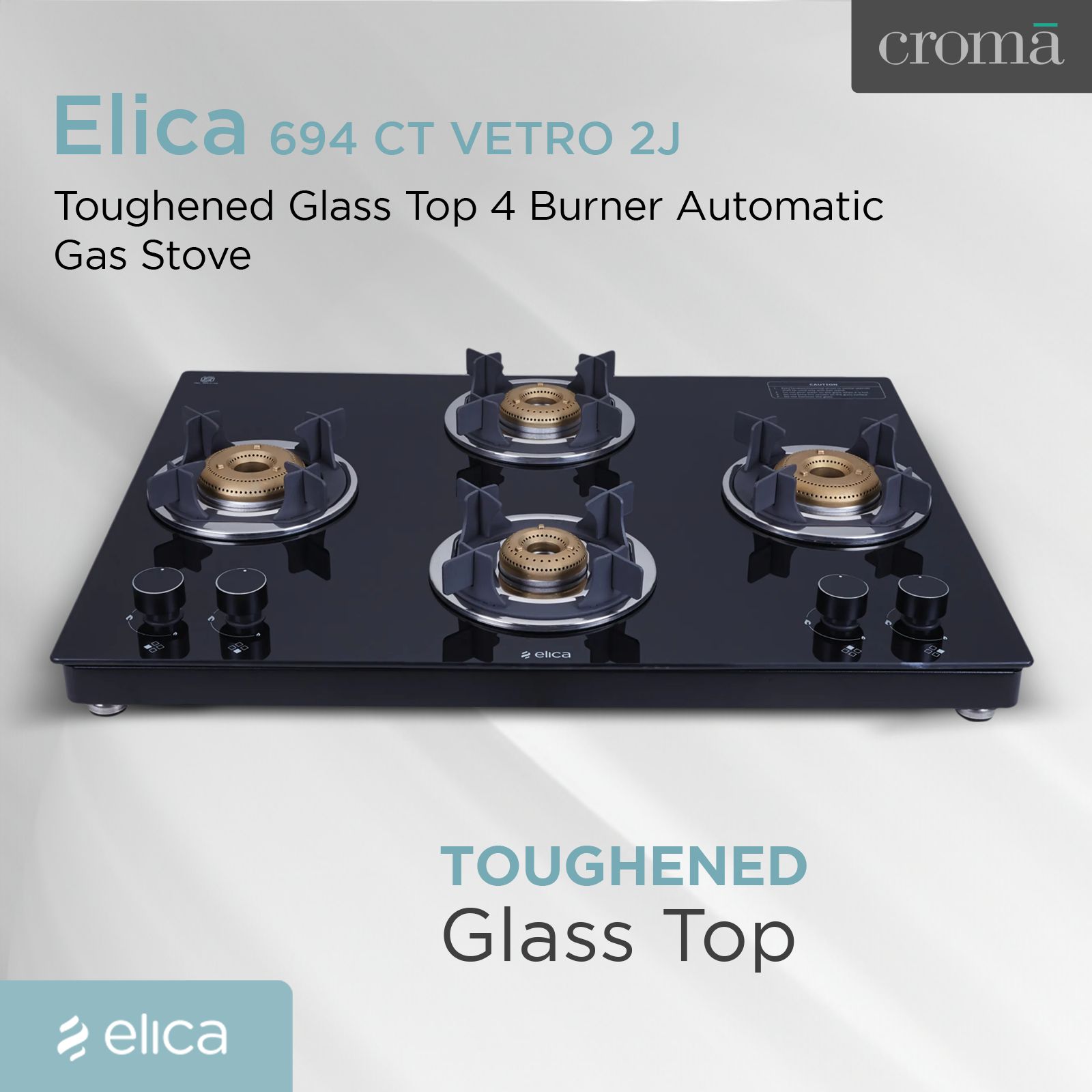 Elica 694 CT VETRO 2J (TKN CROWN DT SERIES) Toughened Glass Top 4 Burner Automatic Gas Stove (Ultra Slim Frame, Black)_11