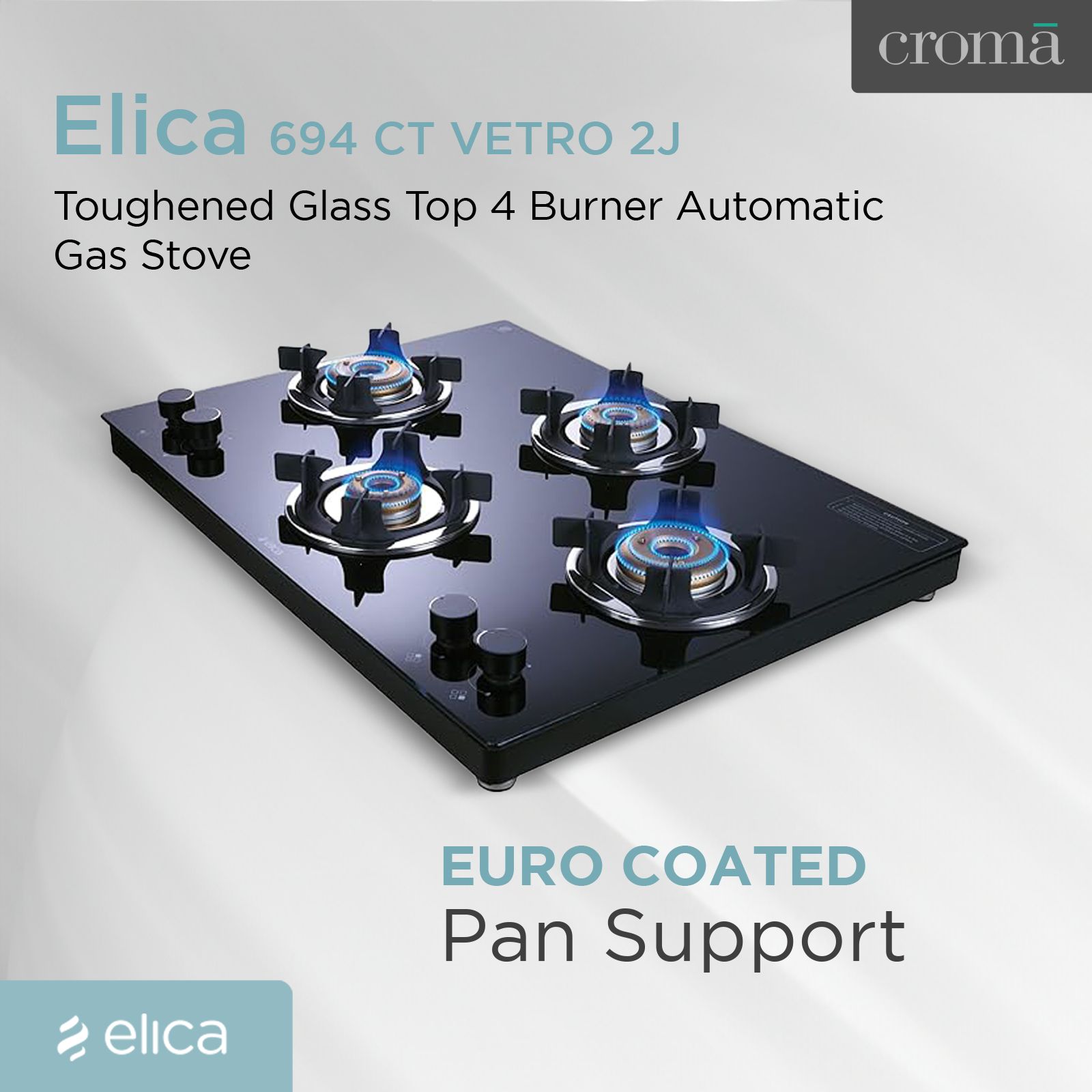 Elica 694 CT VETRO 2J (TKN CROWN DT SERIES) Toughened Glass Top 4 Burner Automatic Gas Stove (Ultra Slim Frame, Black)_13