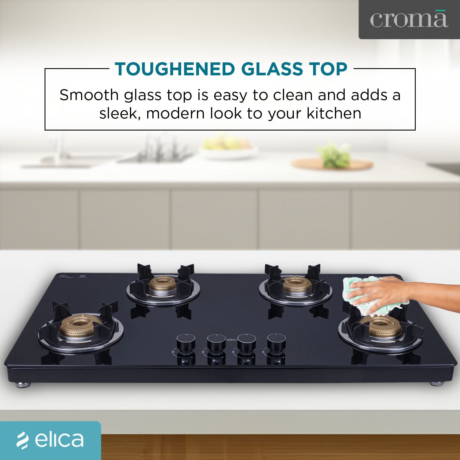 Elica 904 CT VETRO 2J (TKN CROWN DT SERIES) Toughened Glass Top 4 Burner Automatic Gas Stove (Ultra Slim Frame, Black) Elica 904 CT VETRO 2J (TKN CROWN DT SERIES) Toughened Glass Top 4 Burner Automatic Gas Stove (Ultra Slim Frame, Black)_12