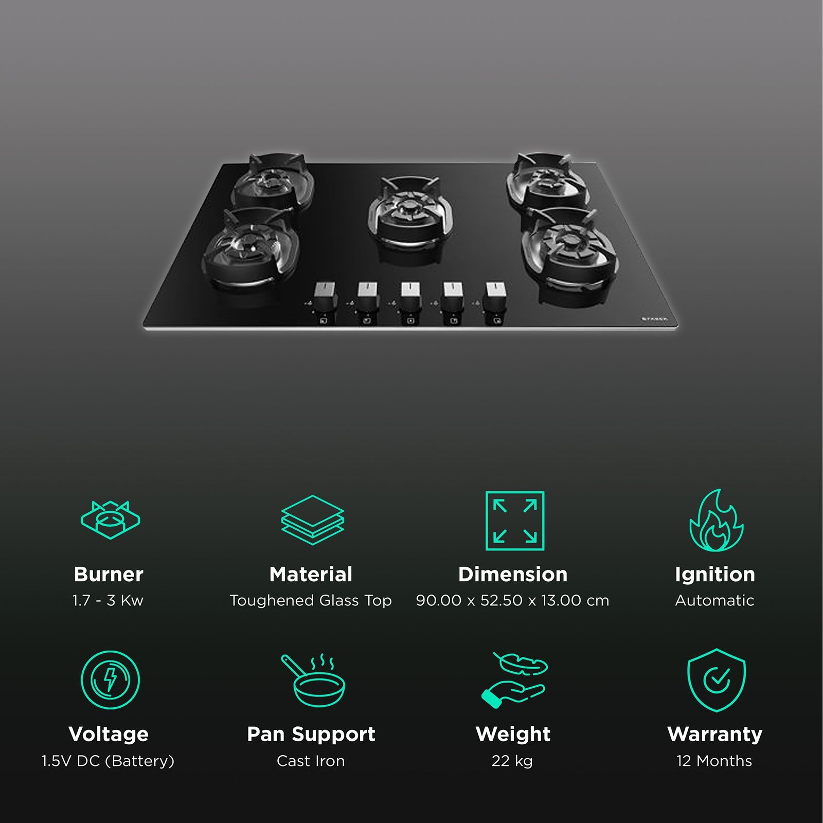 Faber Nexus IND HT905 CRS BR CI AI Toughened Glass Top 5 Burner Automatic Hob (Cast Iron Pan Support, Black)_3