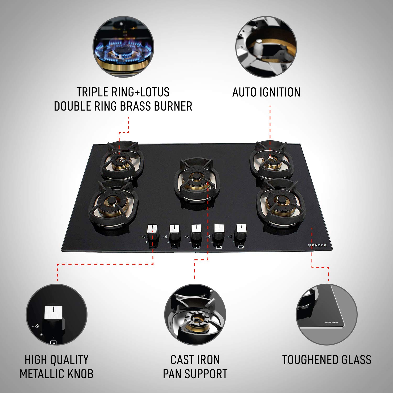 Faber Nexus IND HT905 CRS BR CI AI Toughened Glass Top 5 Burner Automatic Hob (Cast Iron Pan Support, Black)_8