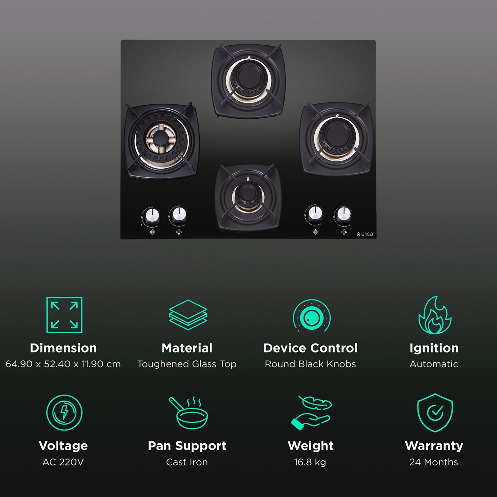 Elica DT FB MFC 4B 65 SWIRL Toughened Glass Top 4 Burner Automatic Hob (Cast Iron Grid, Black)_3