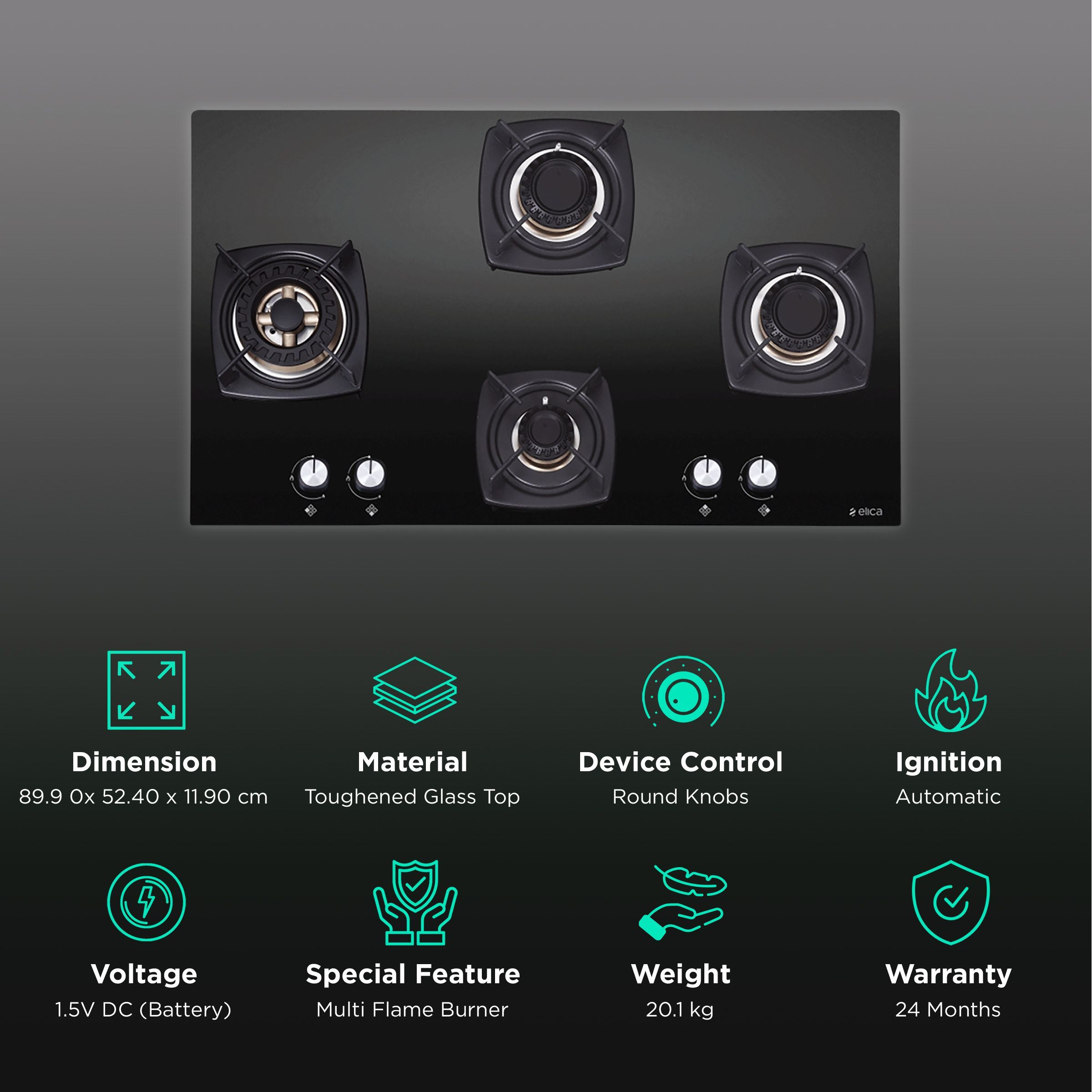 Elica DT FLEXI FB MFC 4B 91 SWIRL Toughened Glass Top 4 Burner Automatic Hob (Cast Iron Grid, Black)_3