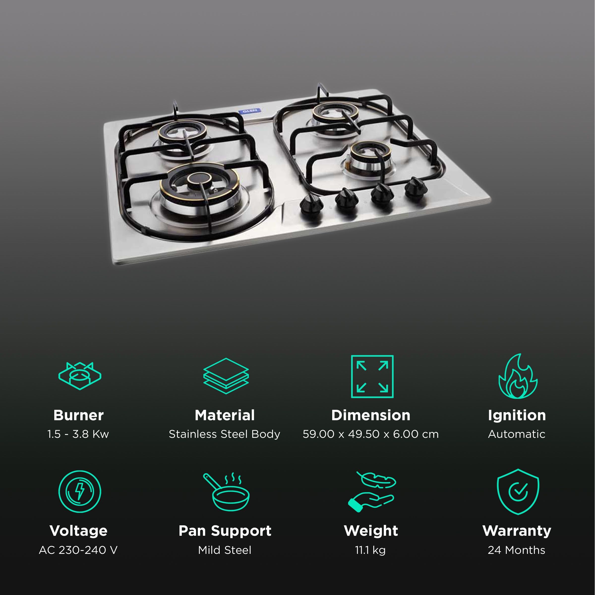 Glen 1061 DB TR SS 4 Burner Automatic Hob (Flame Setting Function, Silver) Glen 1061 DB TR SS 4 Burner Automatic Hob (Flame Setting Function, Silver)_3