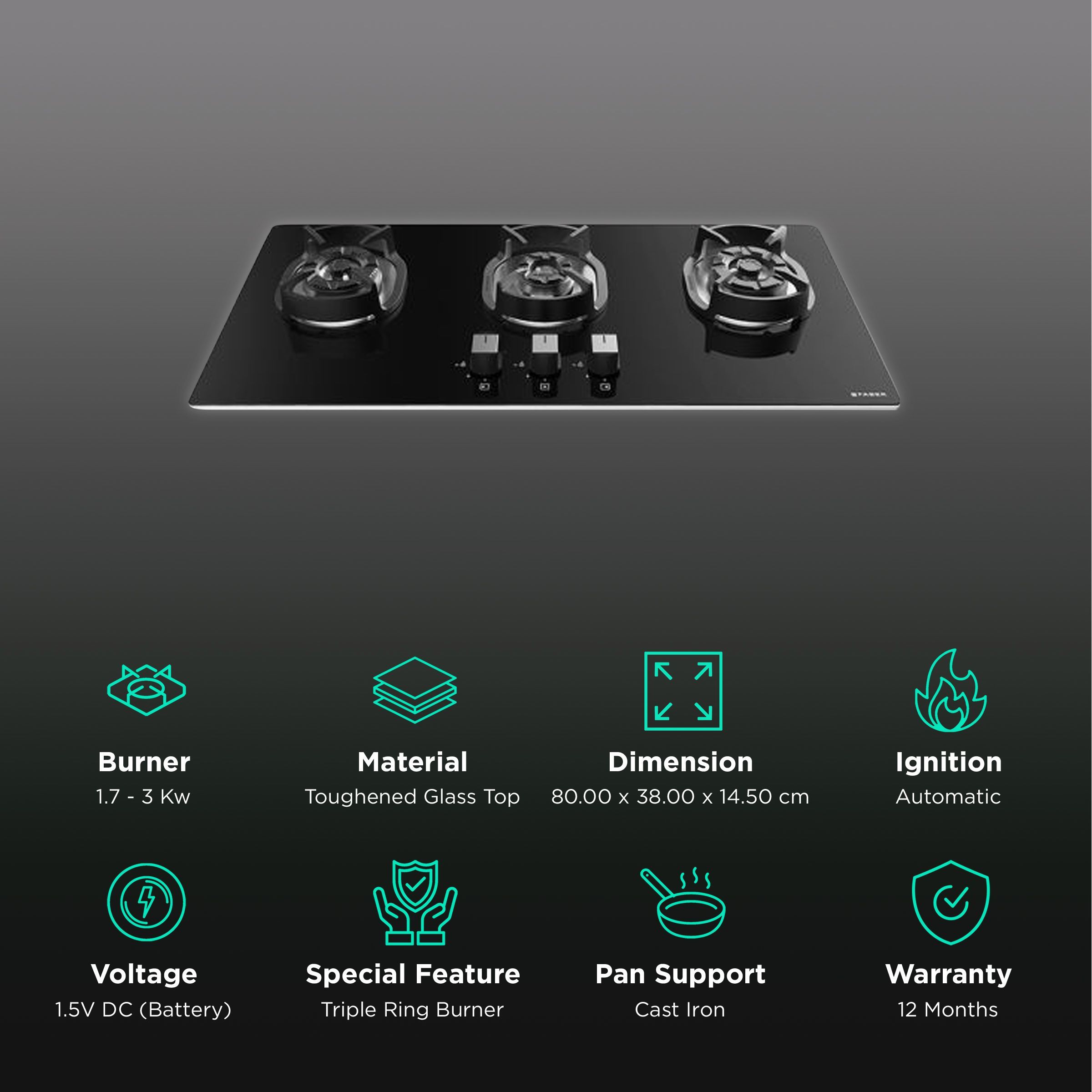 Faber Nexus IND HT803 CRS BR CI AI Toughened Glass Top 3 Burner Automatic Hob (Cast Iron Pan Support, Black) Faber Nexus IND HT803 CRS BR CI AI Toughened Glass Top 3 Burner Automatic Hob (Cast Iron Pan Support, Black)_3