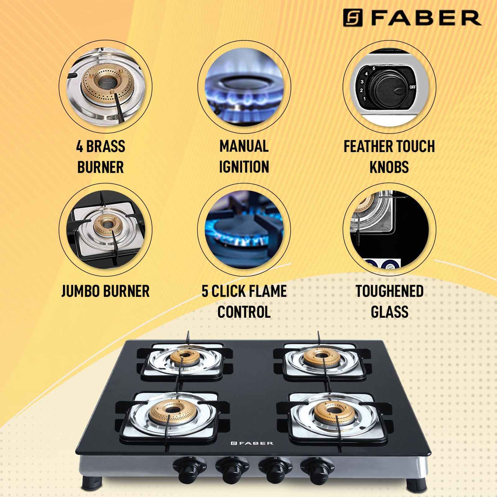 FABER Supreme Plus C Toughened Glass Top 4 Burner Manual Gas Stove (Anti Leak Technology, Black)_8