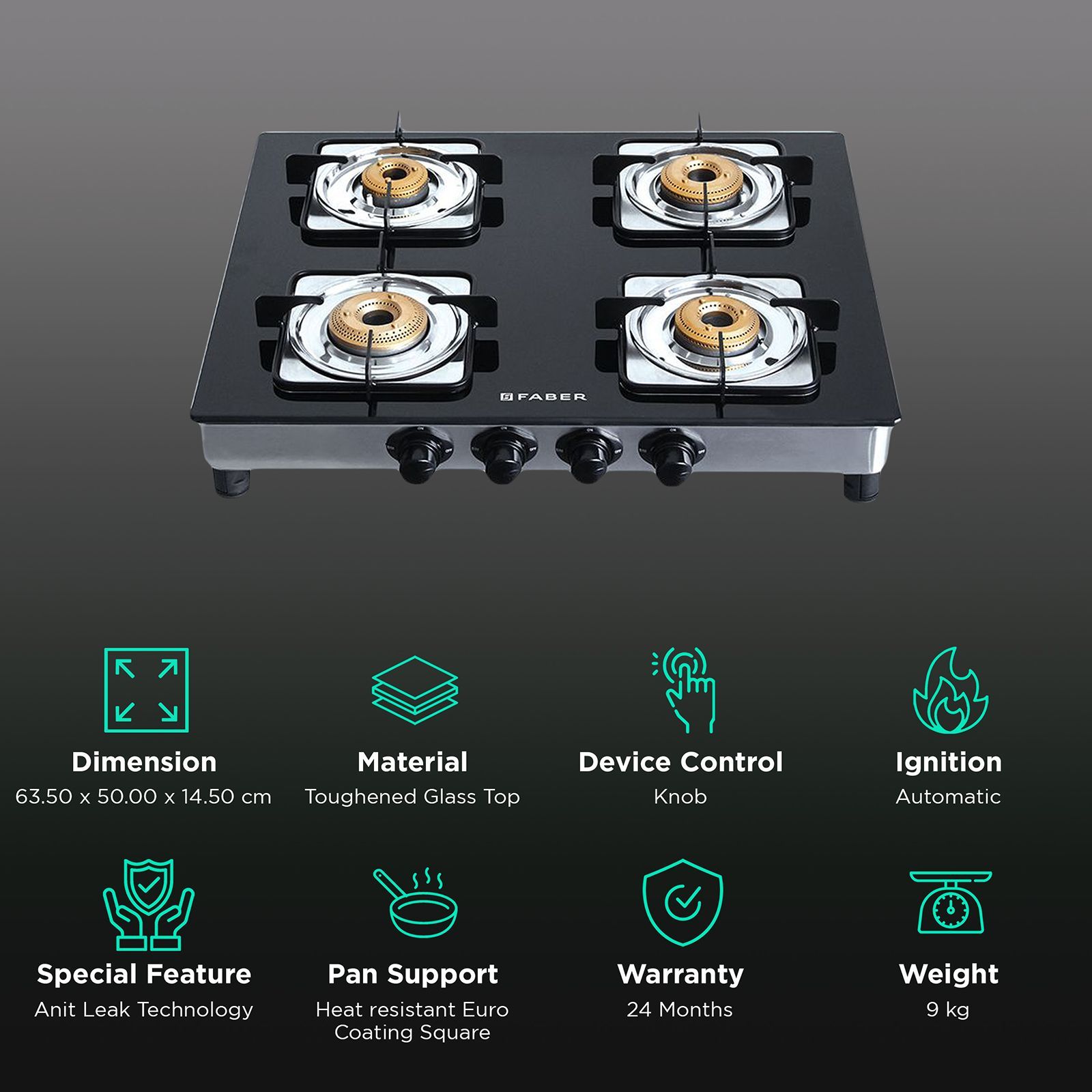FABER Supreme Plus C 4BB AI 4 Burner Manual Hob (Euro Coating Square Pan Support, Black)_3