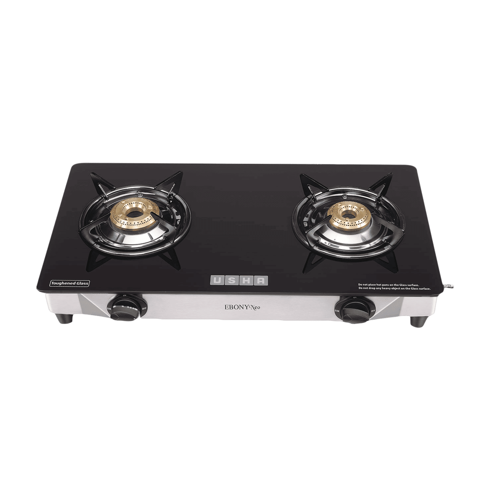 USHA Ebony Neo GS2003 Toughened Glass Top 2 Burner Manual Gas Stove (Powder Coated Pan Support, Black)_1
