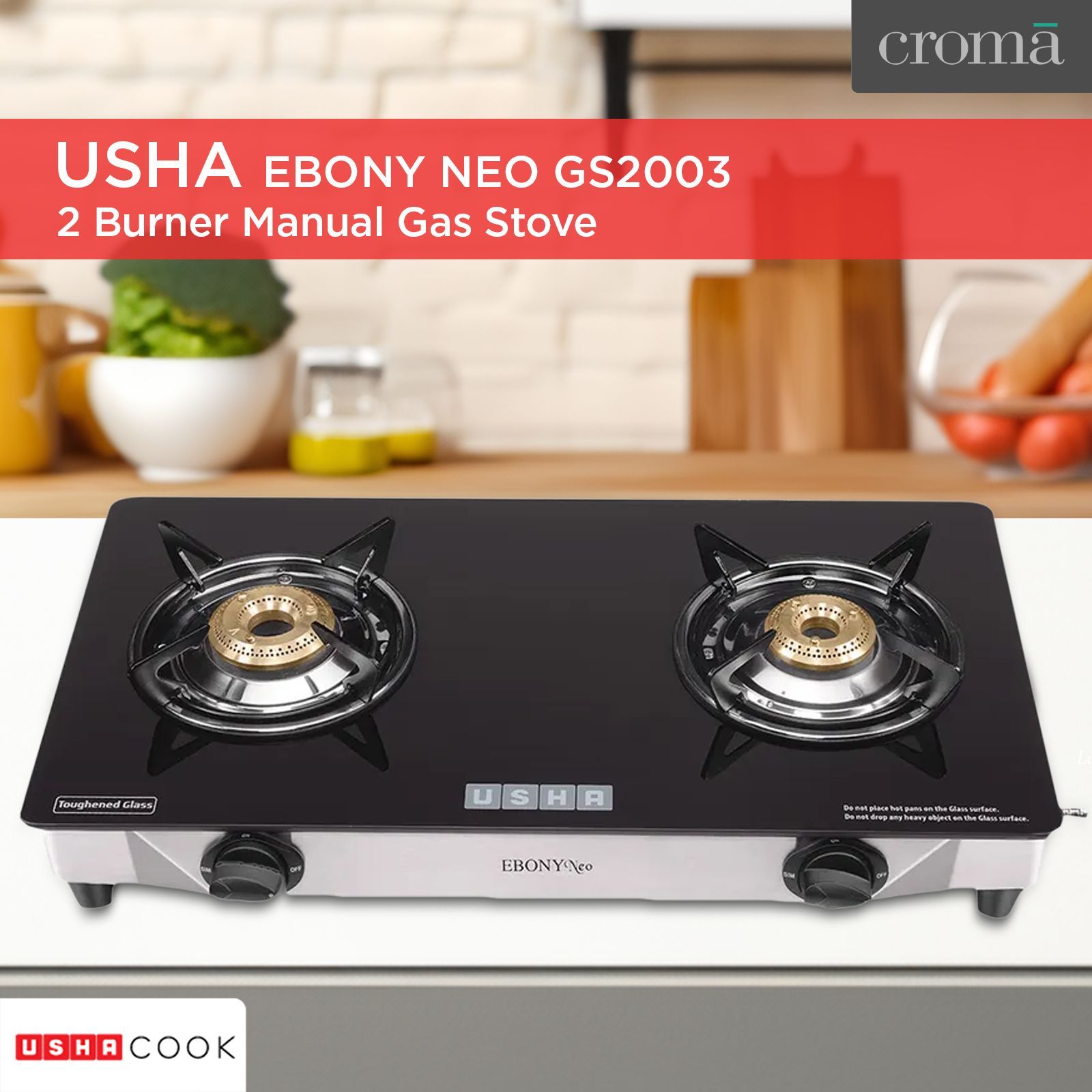 USHA Ebony Neo GS2003 Toughened Glass Top 2 Burner Manual Gas Stove (Powder Coated Pan Support, Black)_9