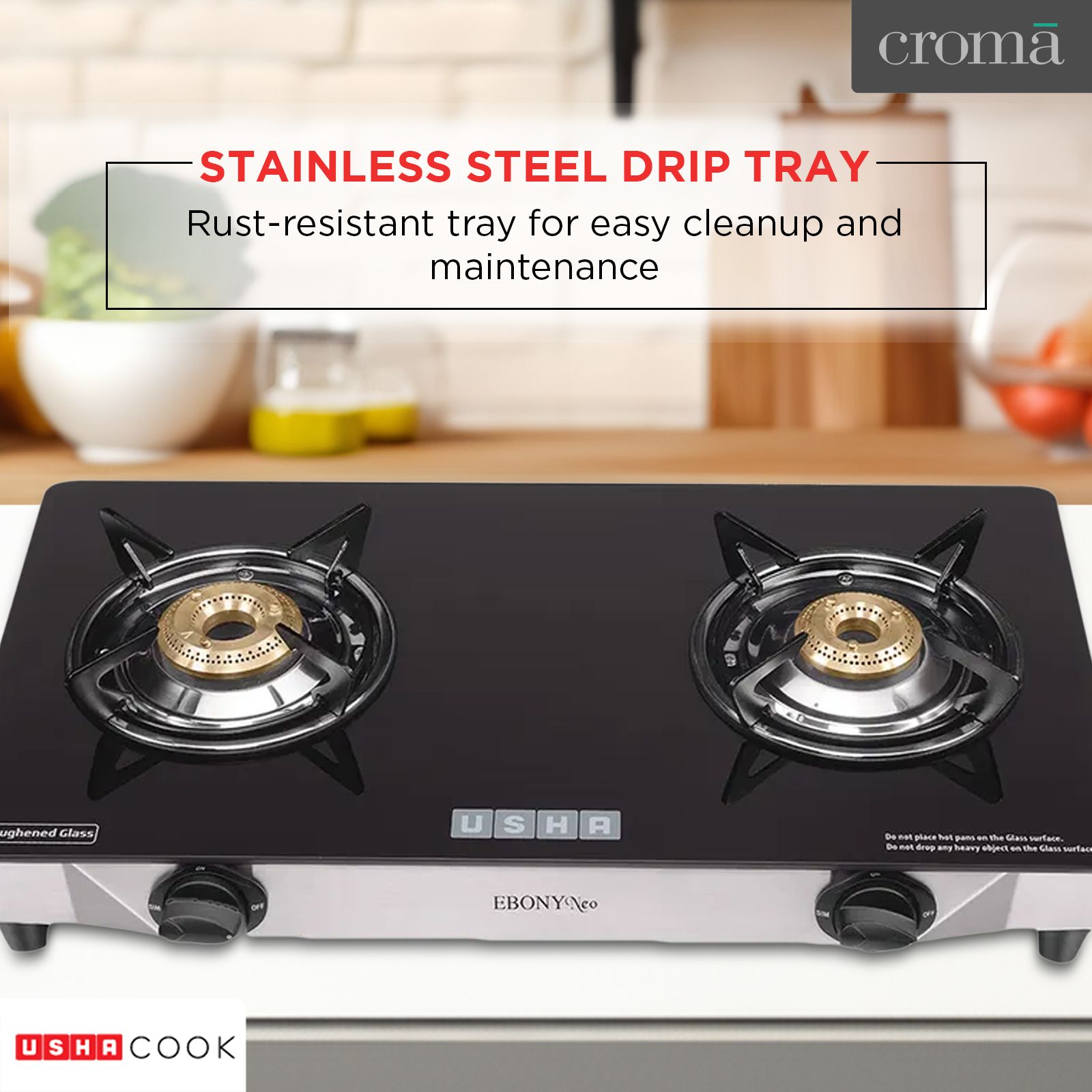 USHA Ebony Neo GS2003 Toughened Glass Top 2 Burner Manual Gas Stove (Powder Coated Pan Support, Black)_14