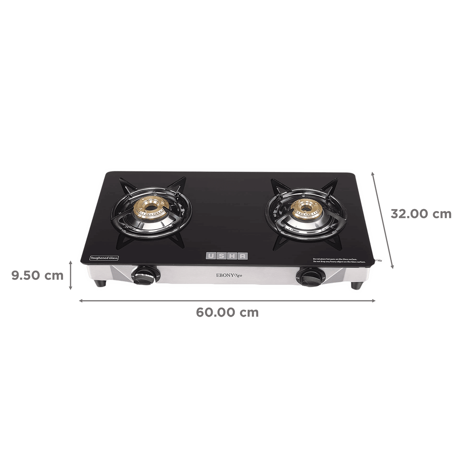 USHA Ebony Neo GS2003 Toughened Glass Top 2 Burner Manual Gas Stove (Powder Coated Pan Support, Black)_2