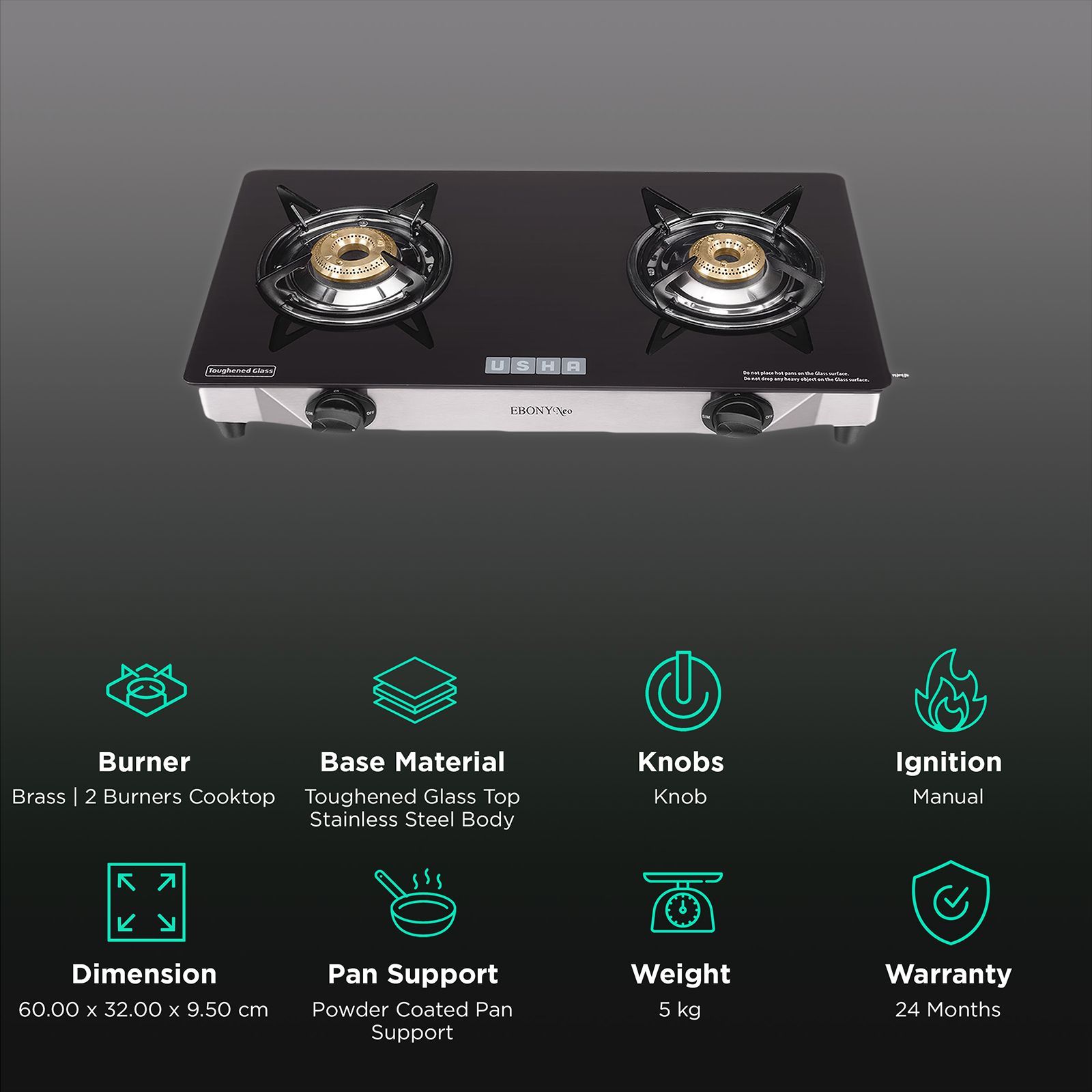 USHA Ebony Neo GS2003 Toughened Glass Top 2 Burner Manual Gas Stove (Powder Coated Pan Support, Black)_3