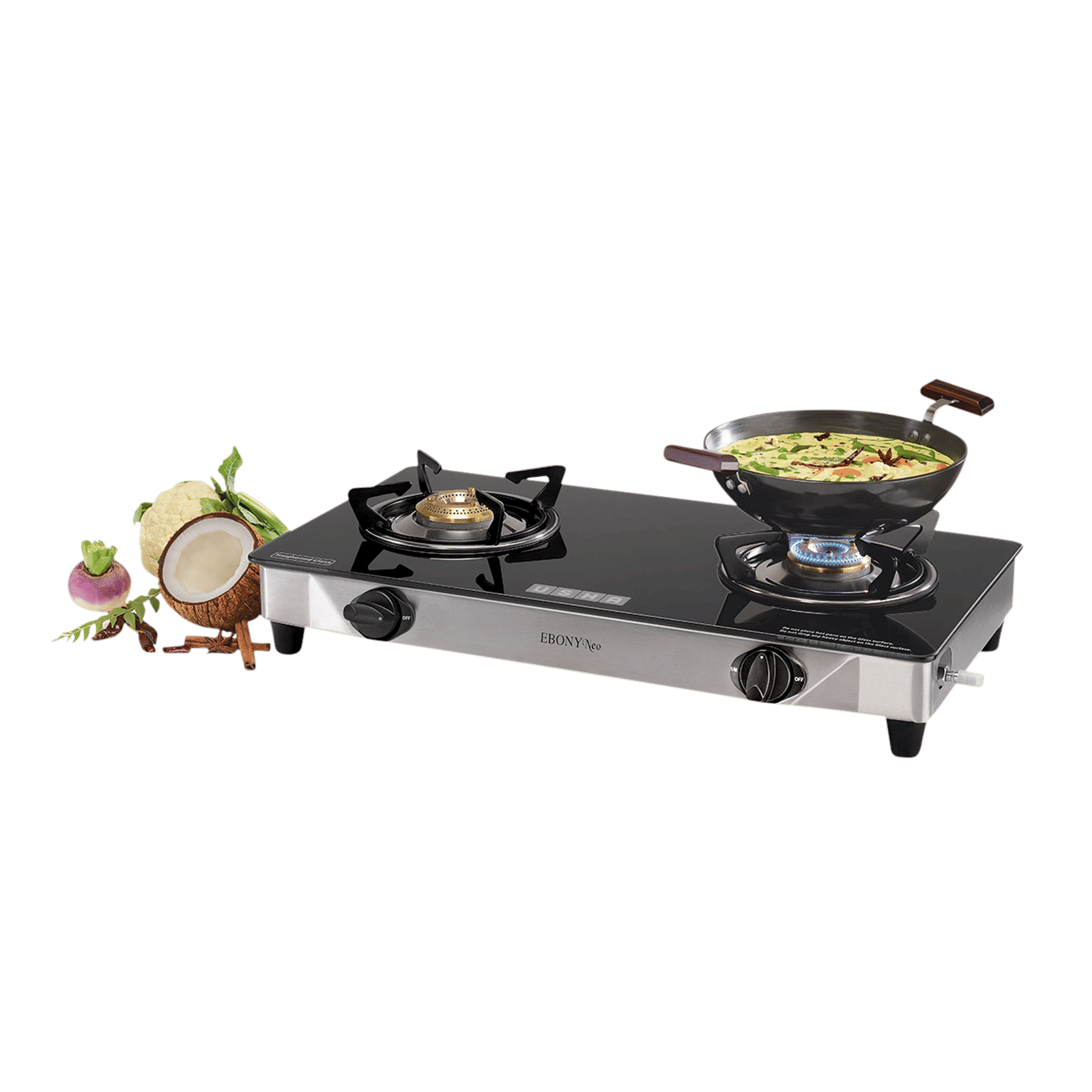USHA Ebony Neo GS2003 Toughened Glass Top 2 Burner Manual Gas Stove (Powder Coated Pan Support, Black)_5