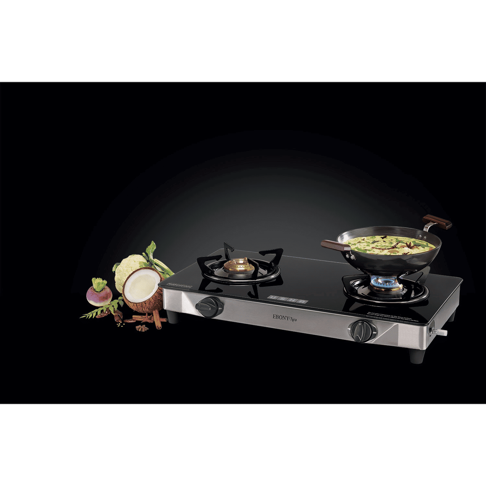 USHA Ebony Neo GS2003 Toughened Glass Top 2 Burner Manual Gas Stove (Powder Coated Pan Support, Black)_6