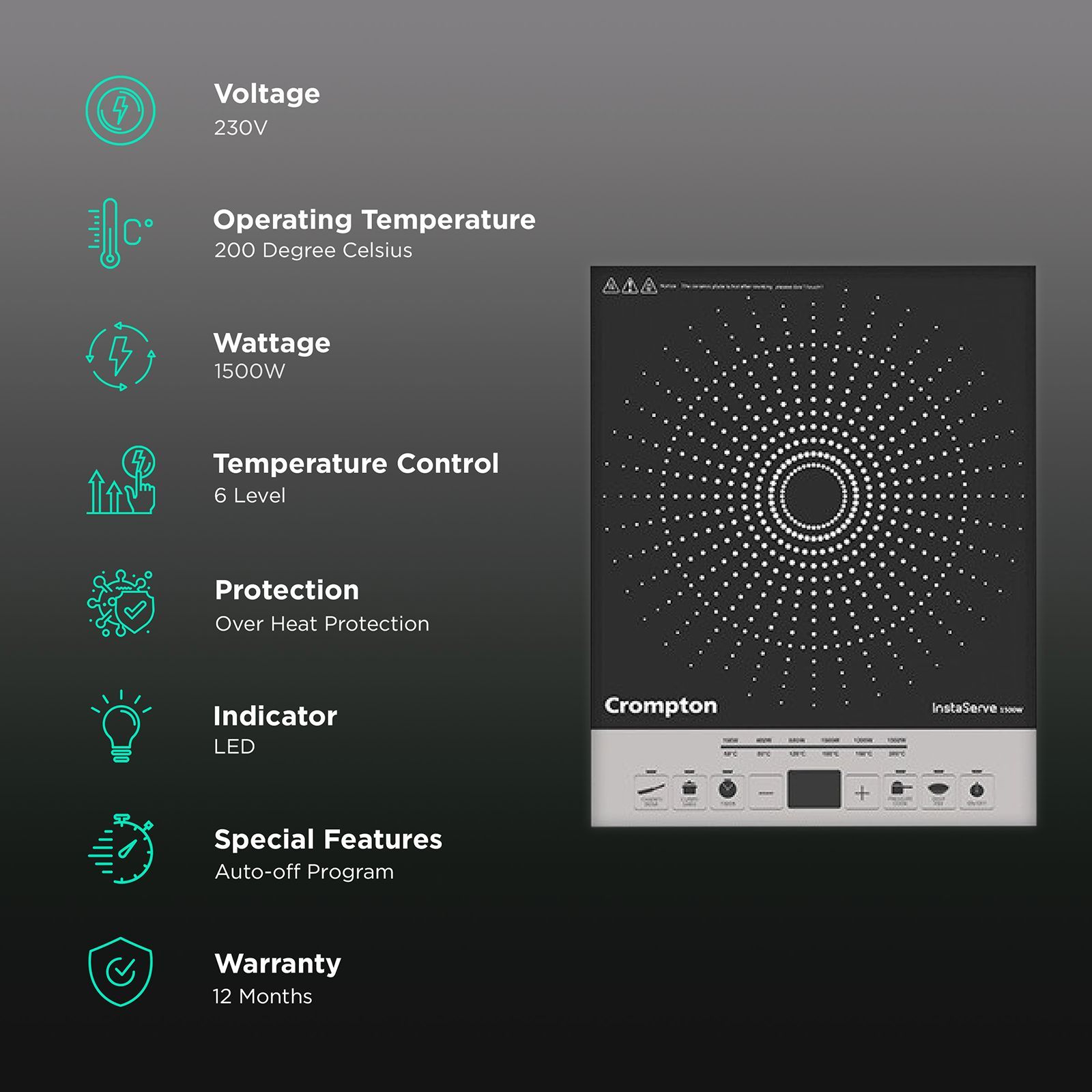 Crompton InstaServe 1500W Induction Cooktop with 4 Preset Menus_3