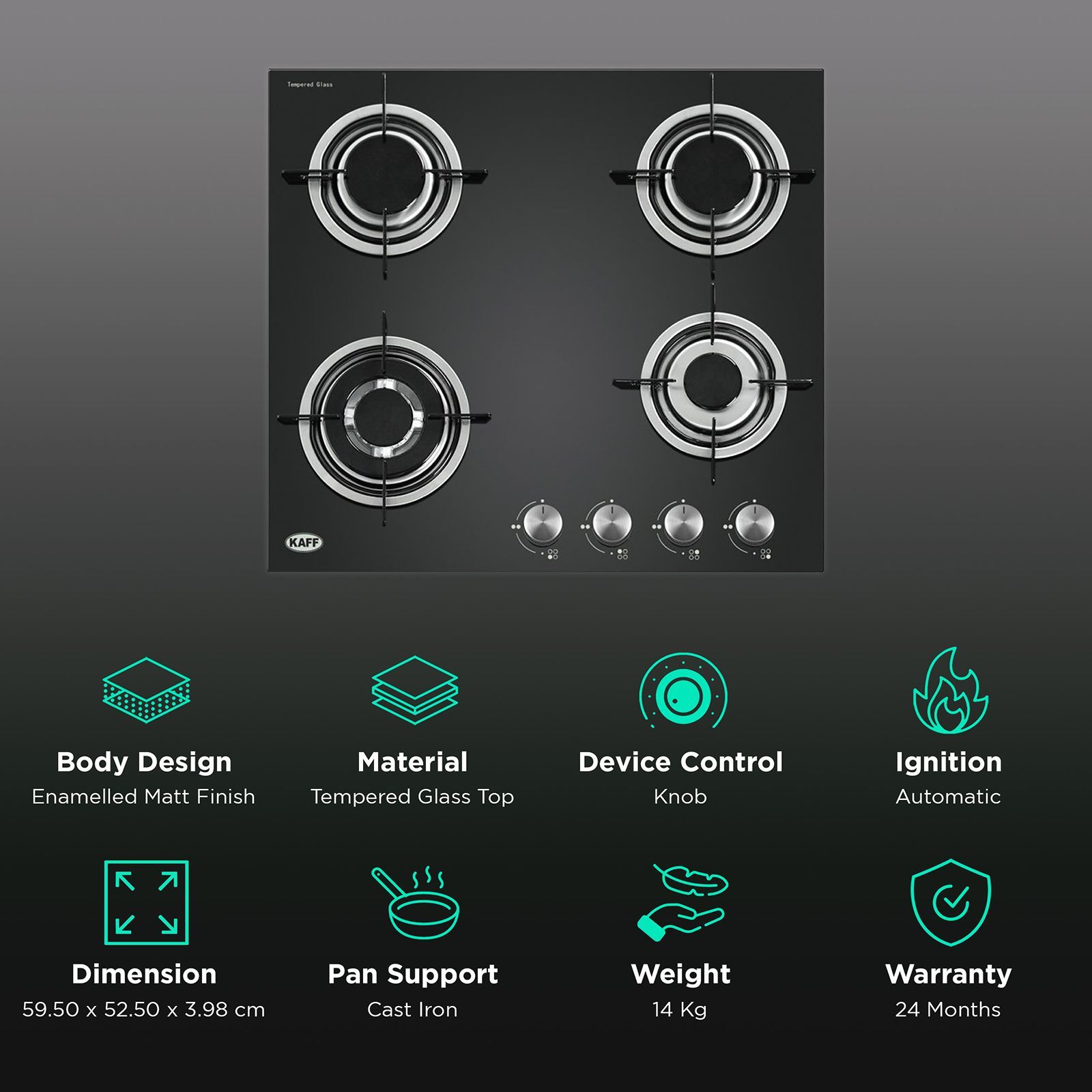 KAFF NE 4B 60 GF Tempered Glass Top 4 Burner Automatic Electric Hob (Enamelled Matt Finish Grills, Black)_3