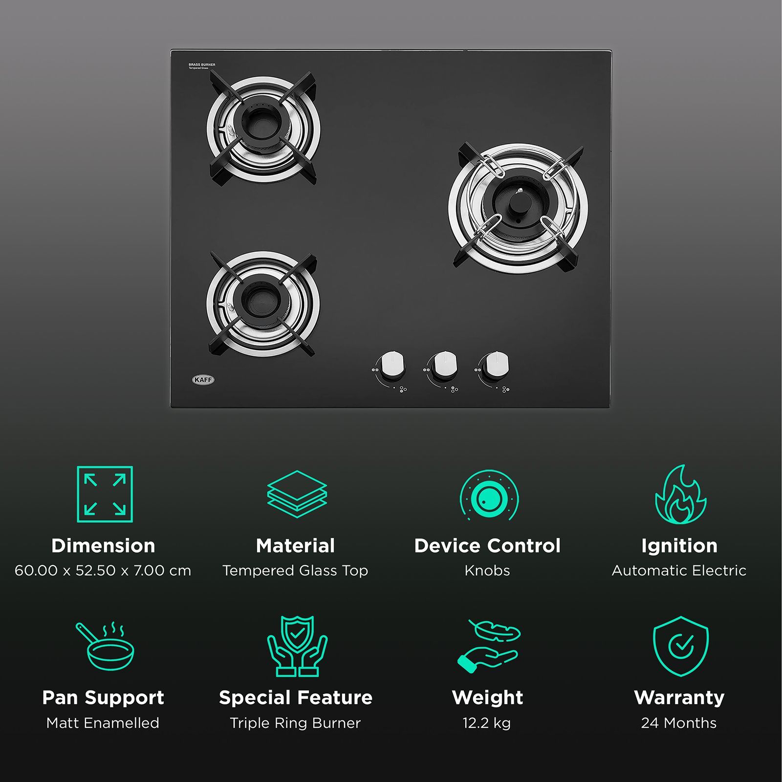 KAFF HBR 603 B Tempered Glass Top 3 Burner Automatic Electric Hob (Matte Enamelled Pan Support, Black)_3