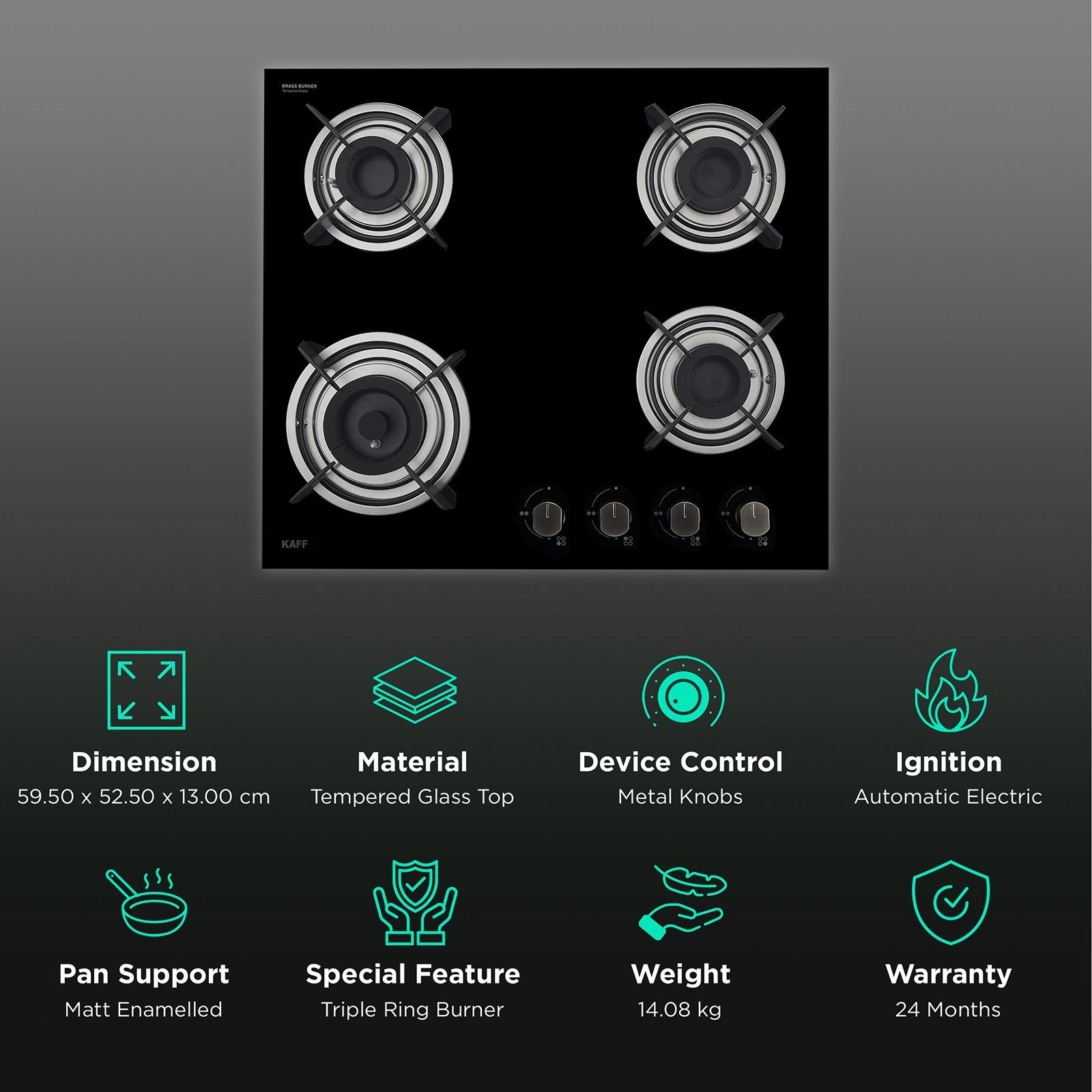 KAFF HBR 604 A Tempered Glass Top 4 Burner Automatic Electric Hob (Matte Enamelled Pan Support, Black)_3