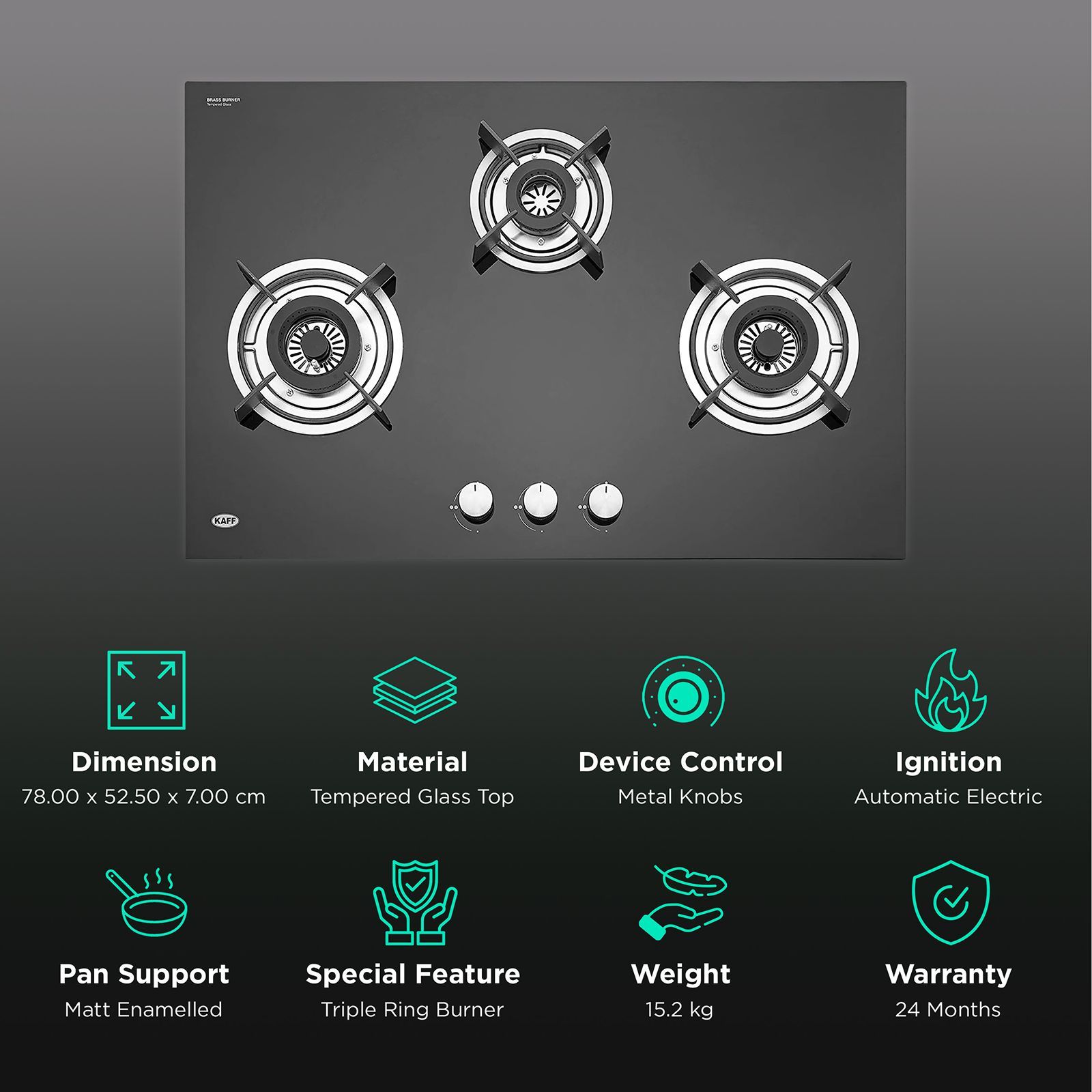 KAFF HBR 783 B Tempered Glass Top 3 Burner Automatic Electric Hob (Matte Enamelled Pan Support, Black)_3