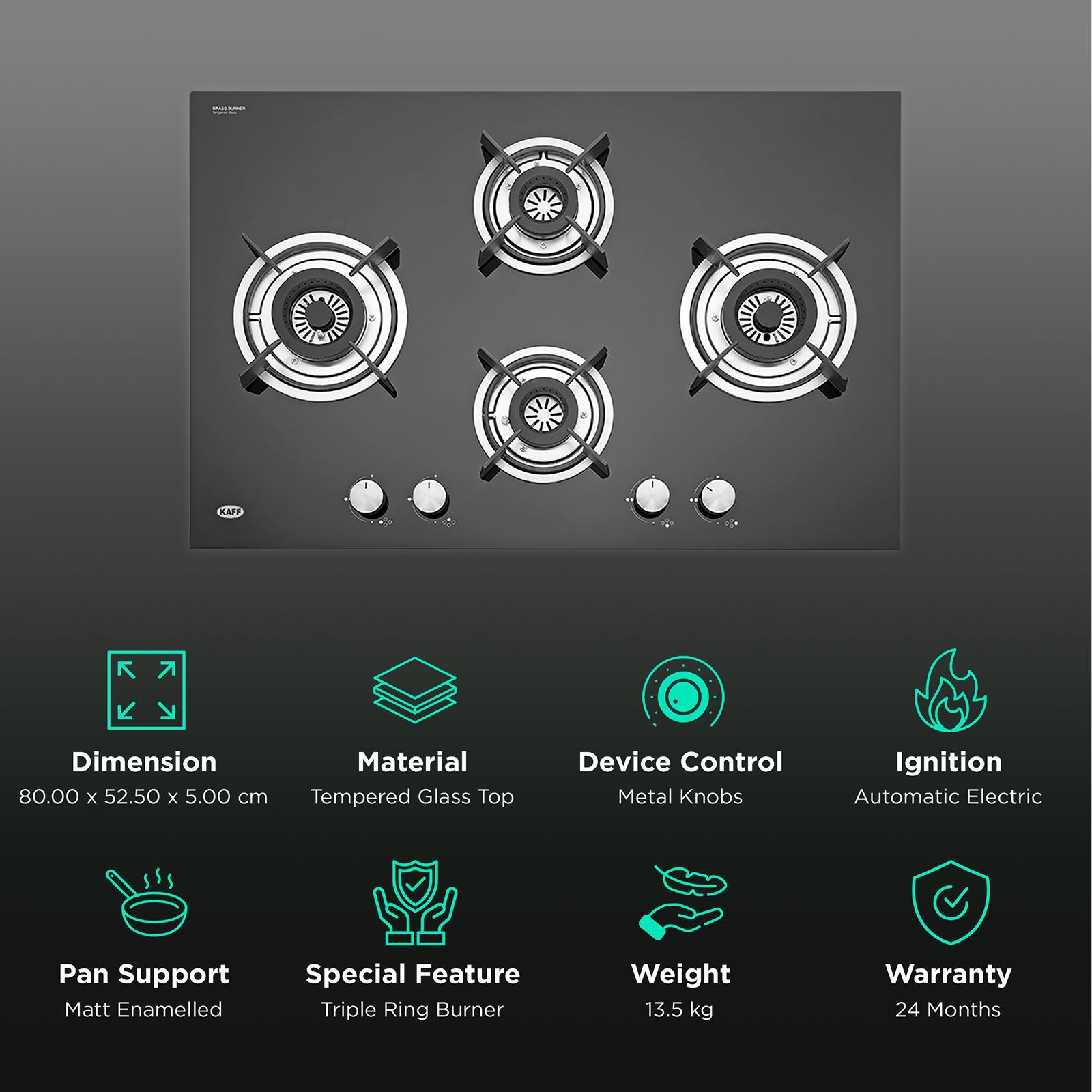 KAFF HBR 784 A Tempered Glass Top 4 Burner Automatic Electric Hob (Enamelled Matt Finish Grills, Black)_3