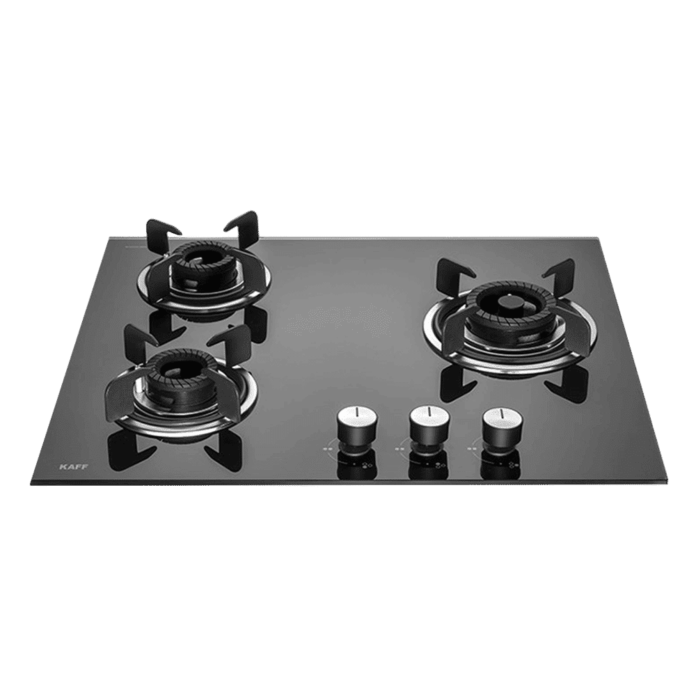 KAFF Crista Tempered Glass Top 3 Burner Automatic Hob (Matte Enamelled Pan Support, Black)_1
