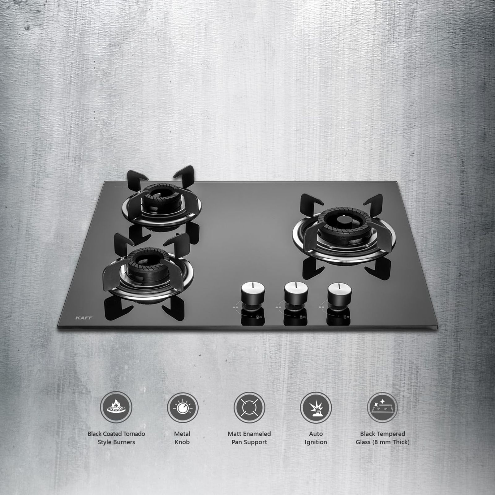 KAFF Crista Tempered Glass Top 3 Burner Automatic Hob (Matte Enamelled Pan Support, Black)_14