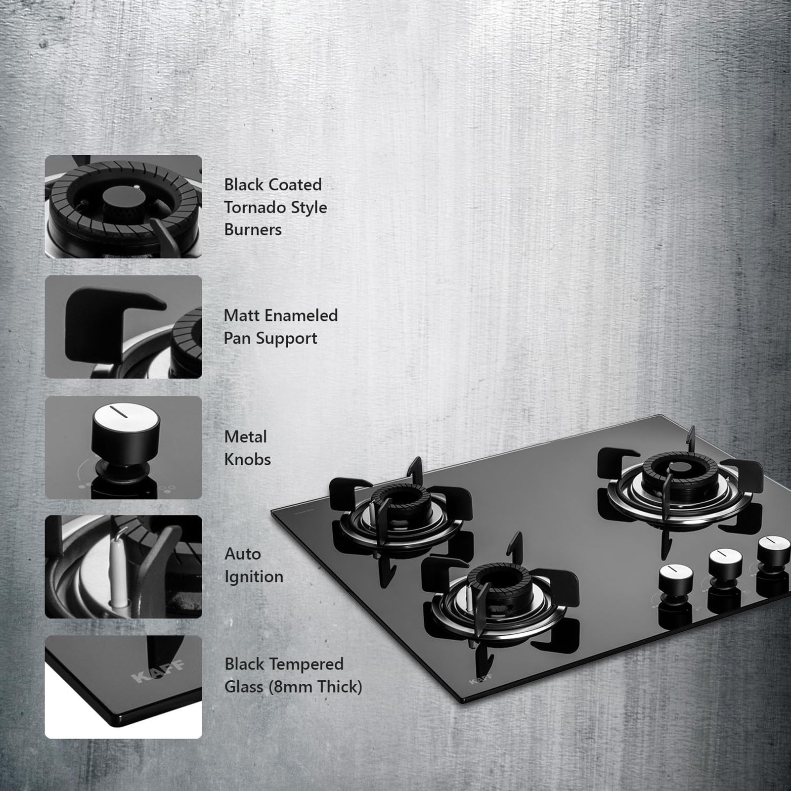 KAFF Crista Tempered Glass Top 3 Burner Automatic Hob (Matte Enamelled Pan Support, Black)_15