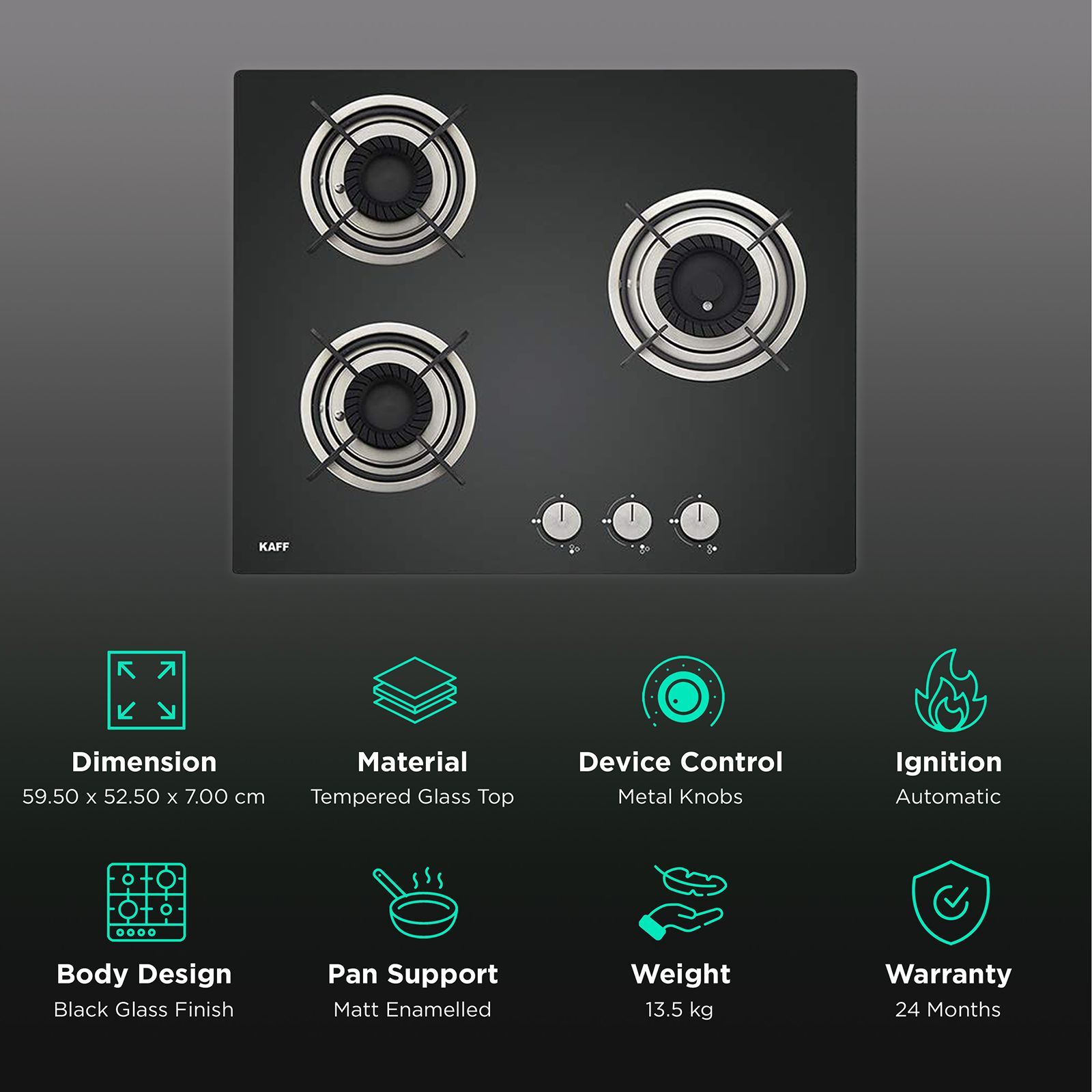 KAFF Crista Tempered Glass Top 3 Burner Automatic Hob (Matte Enamelled Pan Support, Black)_3