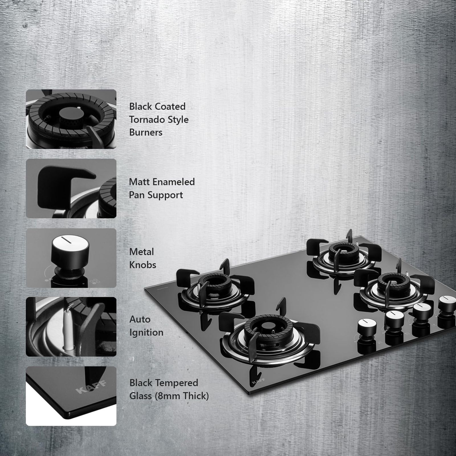 KAFF Crista Tempered Glass Top 4 Burner Automatic Hob (Matte Enamelled Pan Support, Black)_19