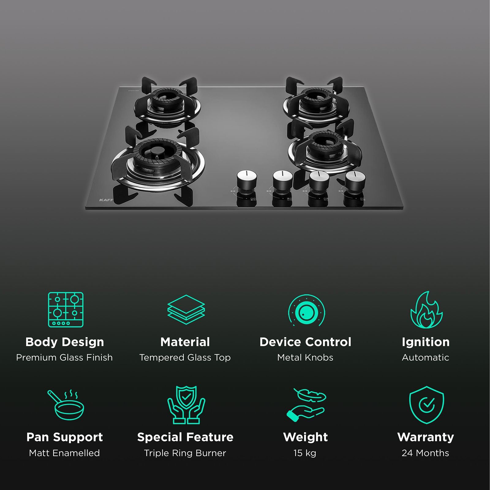 KAFF Crista Tempered Glass Top 4 Burner Automatic Hob (Matte Enamelled Pan Support, Black)_3