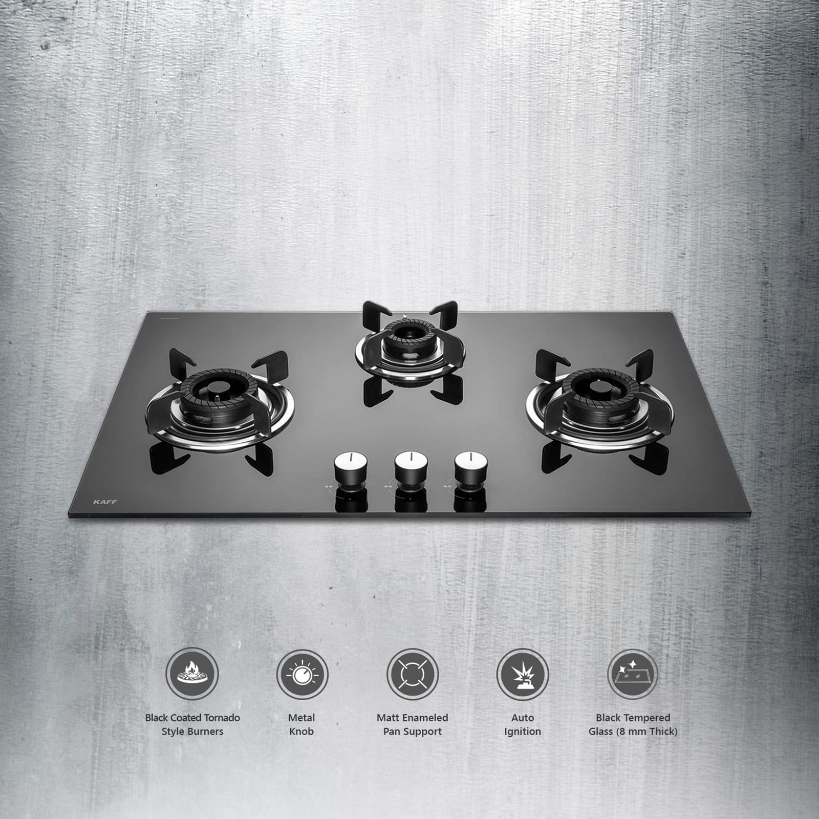 KAFF Crista Tempered Glass Top 3 Burner Automatic Hob (Matte Enamelled Pan Support, Black)_17
