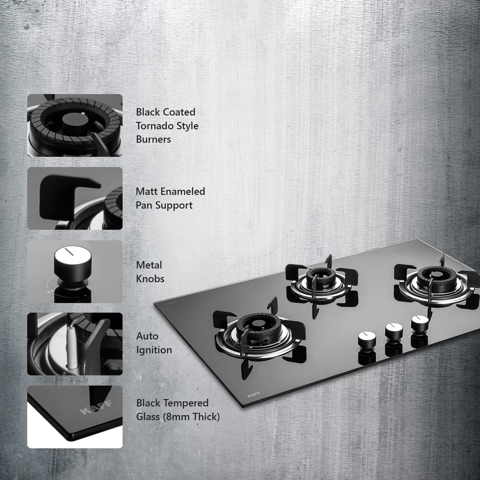KAFF Crista Tempered Glass Top 3 Burner Automatic Hob (Matte Enamelled Pan Support, Black)_18