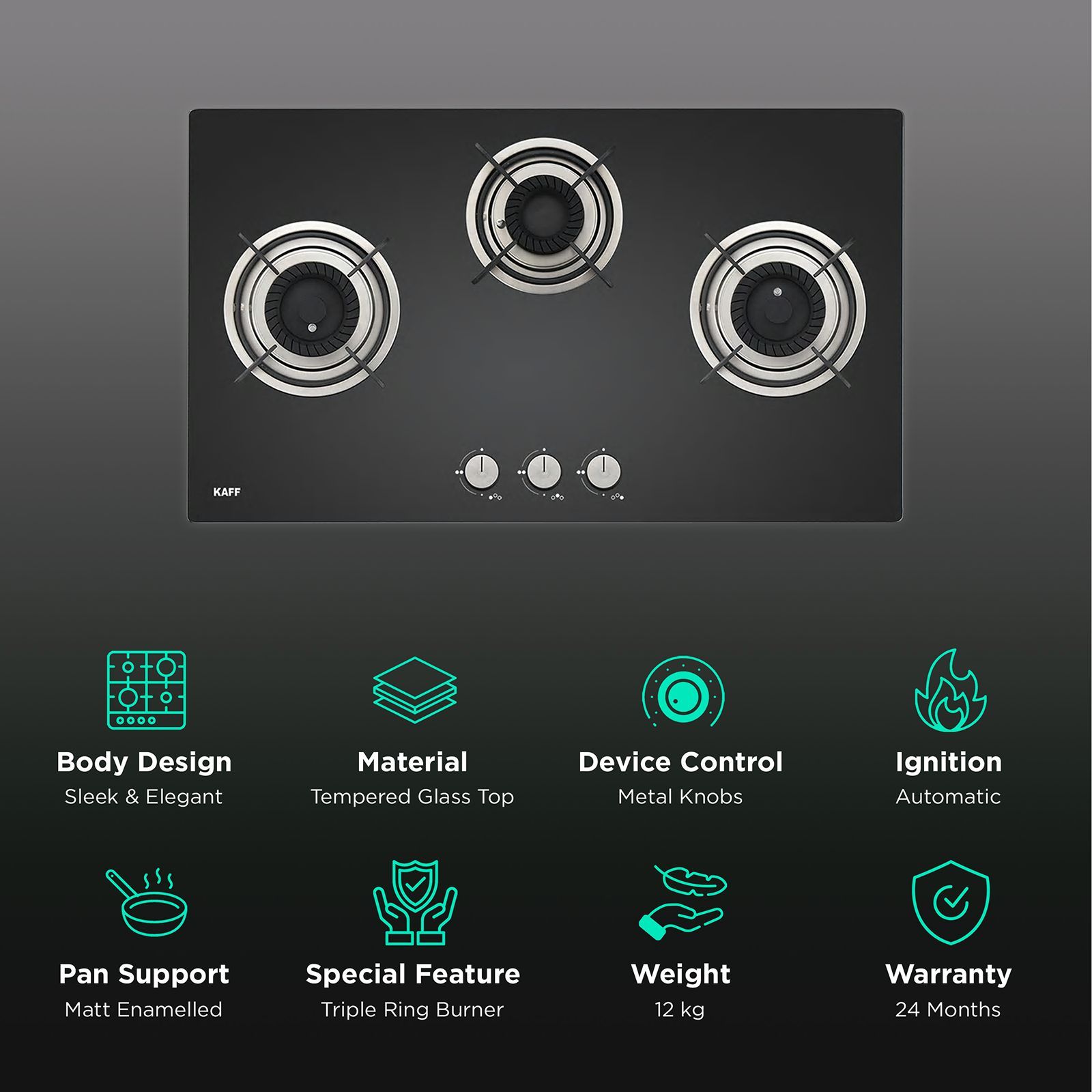 KAFF Crista Tempered Glass Top 3 Burner Automatic Hob (Matte Enamelled Pan Support, Black)_3